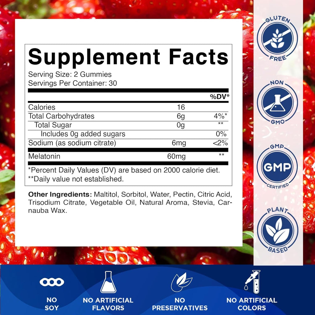 Vitamatic Sugar Free Melatonin 60 Mg - 60 Vegetarian Gummies - Non-Habit Forming Supplement