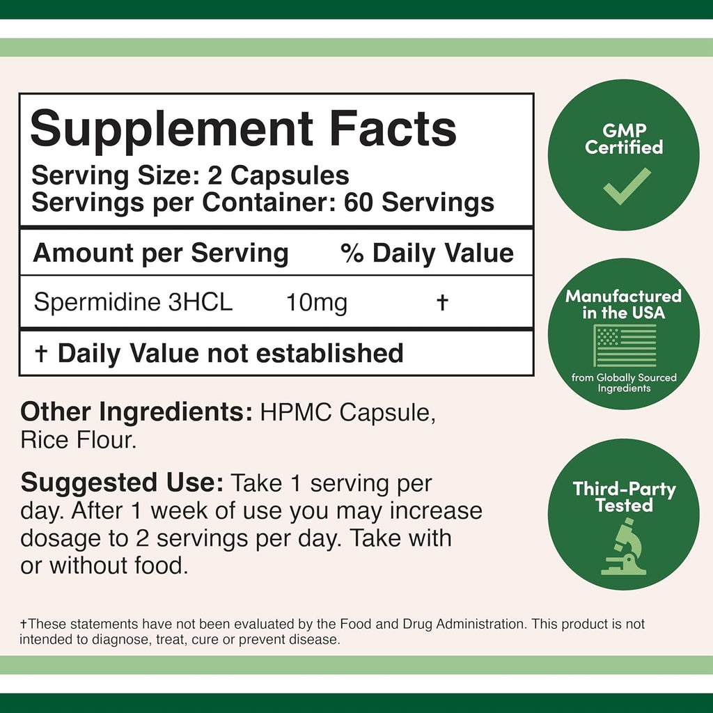 Spermidine Supplement (10Mg of 99% Spermidine 3HCL - Third Party Tested) 120 Capsules - over 100X More Potent than Wheat Germ Extract for Cell Membrane, Telomere Health and Aging by Double Wood
