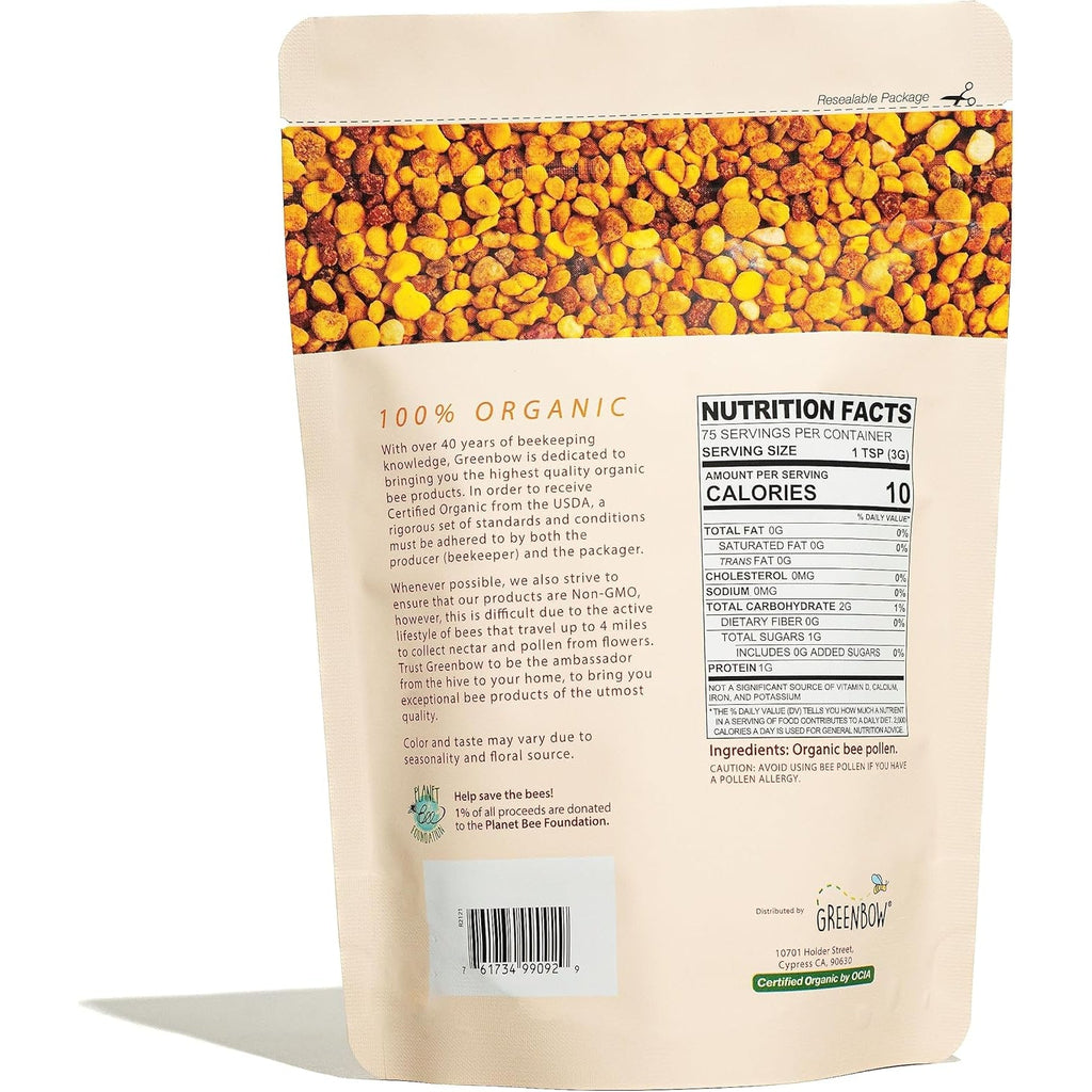 Greenbow Organic Bee Pollen - 100% USDA Certified Organic, Non-Gmo, Halal, Kosher, Certified GMP, Pure & Natural Bee Pollen - Superfood Packed with Proteins, Vitamins & Minerals - Gluten Free - 8Oz