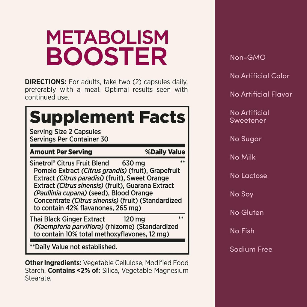 Nature’S Bounty Optimal Solutions Metabolism Booster Supplement, Boosts Fat Metabolism, Promotes Abdominal Fat Loss, with Citrus Extracts and Black Ginger, 60 Capsules