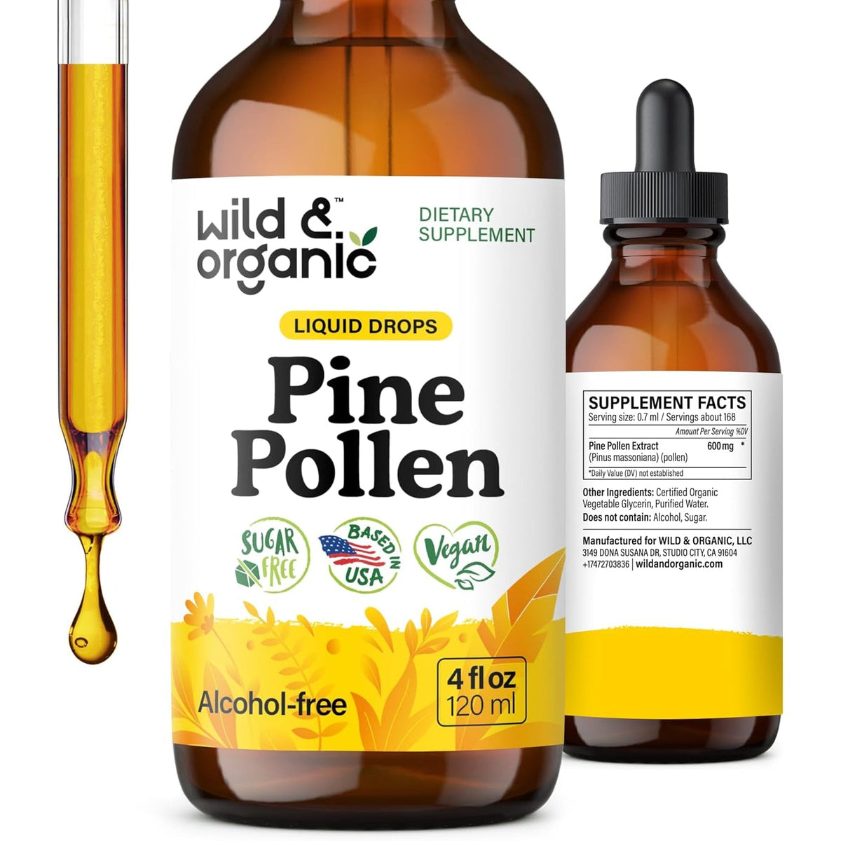 Wild & Organic Pine Pollen Tincture - Pine Pollen for Men & Women - Add to Tea & Drink - Pure Pinus Massoniana Extract Drops - Vegan, Sugar & Alcohol-Free Liquid Supplement - 4 Fl Oz