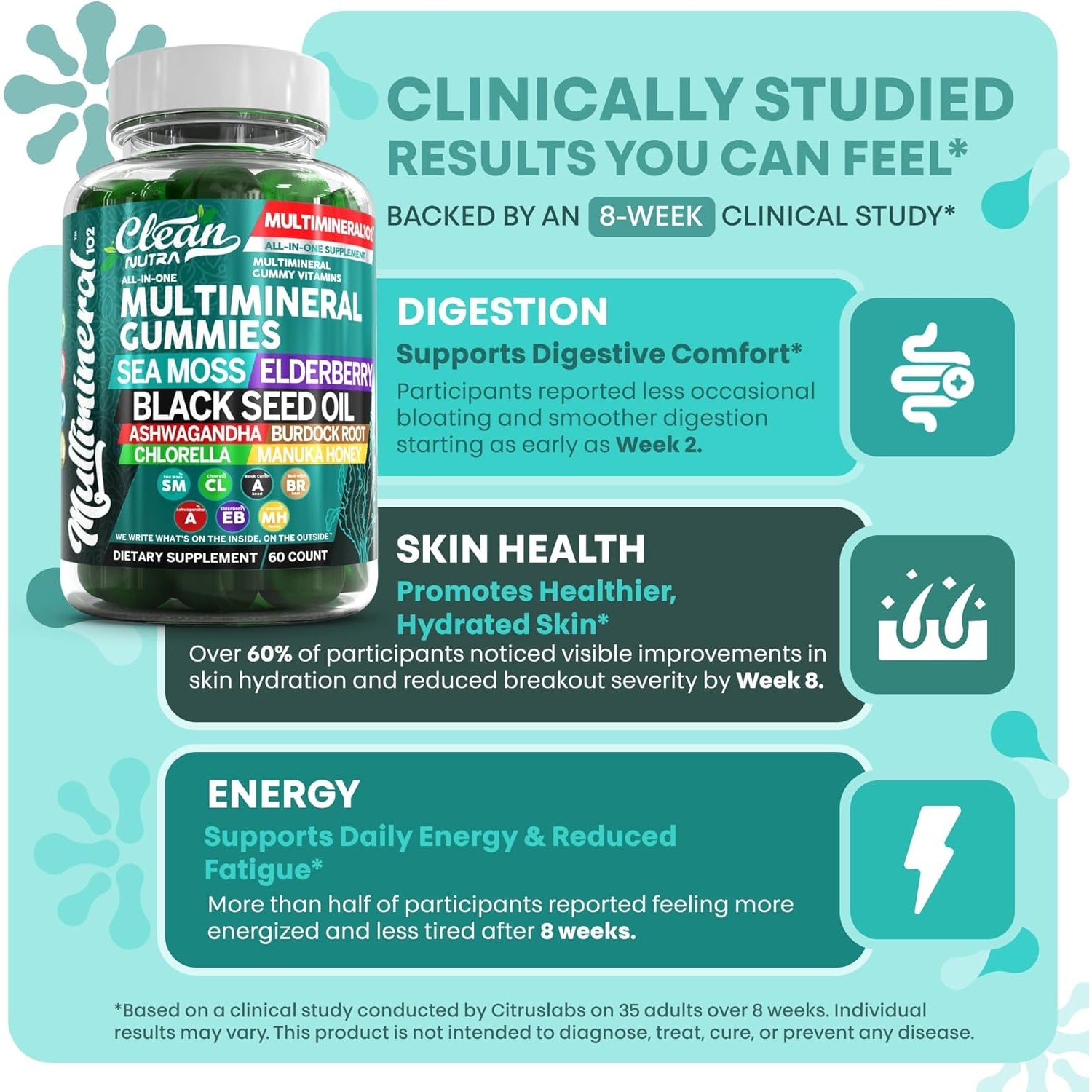 Sea Moss Gummies | Clinically Tested - Black Seed Oil Ashwagandha Elderberry Burdock Root Chlorella Manuka Honey - Vegan Irish Sea Moss Gummy Vitamins for Adults Kids Men Women - Green Apple Flavor