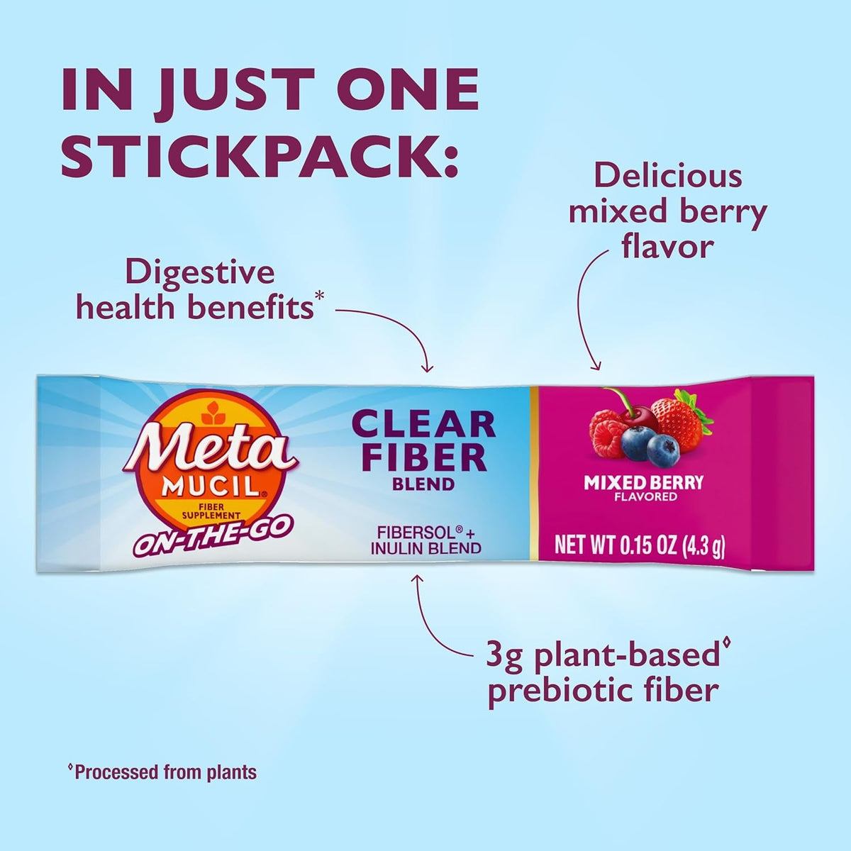 Metamucil Fiber Supplement, Clear Mixing Fiber Powder Stick Packs, Mixed Berry Flavor, on the Go, Plant Based Prebiotic Fiber Supplement Blend for Daily Digestive Health, 21 Stick Packs