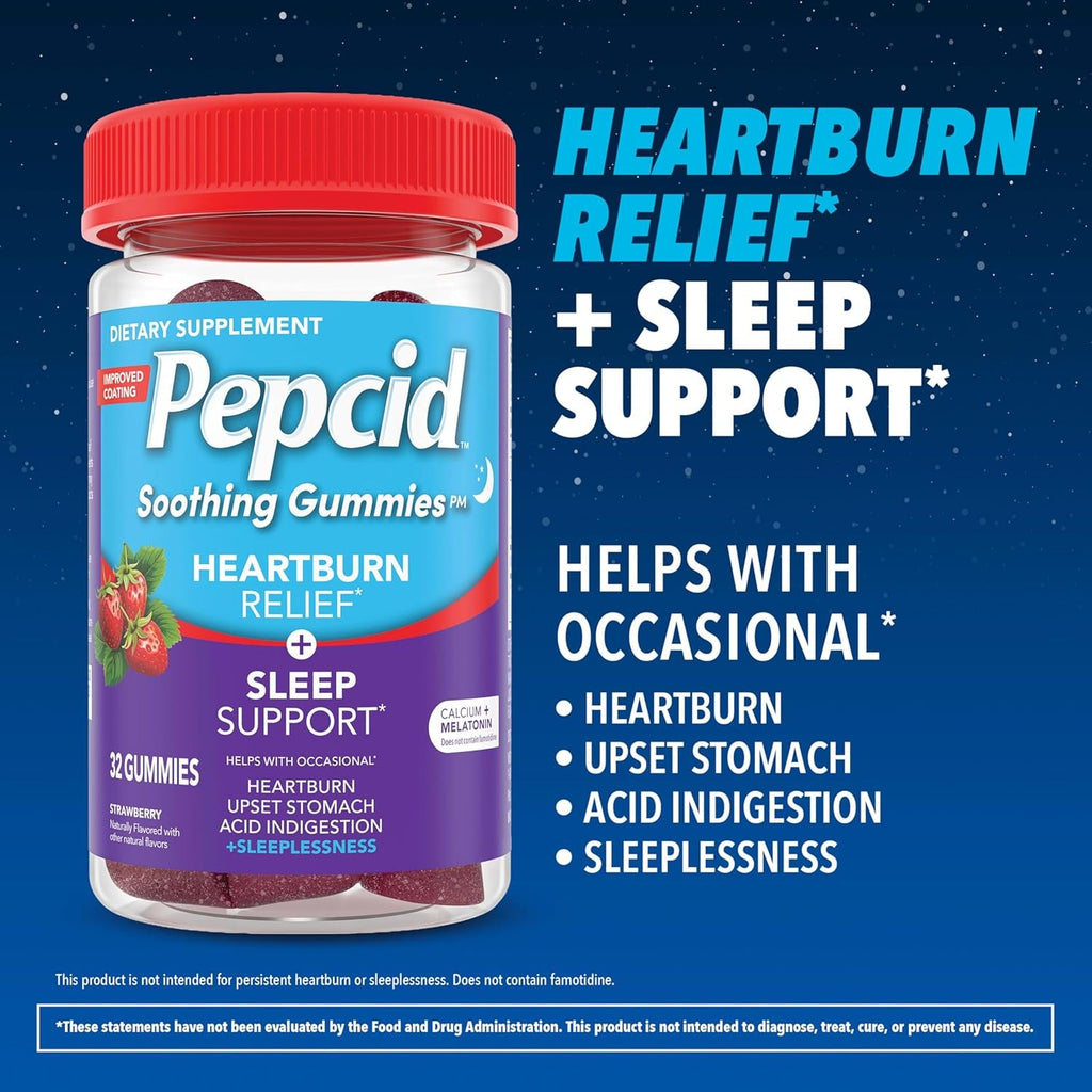 Pepcid Soothing Gummies, Heartburn Relief + Sleep Support Gummies Help Occasional Heartburn, Upset Stomach, Acid Indigestion + Sleeplessness, Calcium & Melatonin, Strawberry, 32 Ct