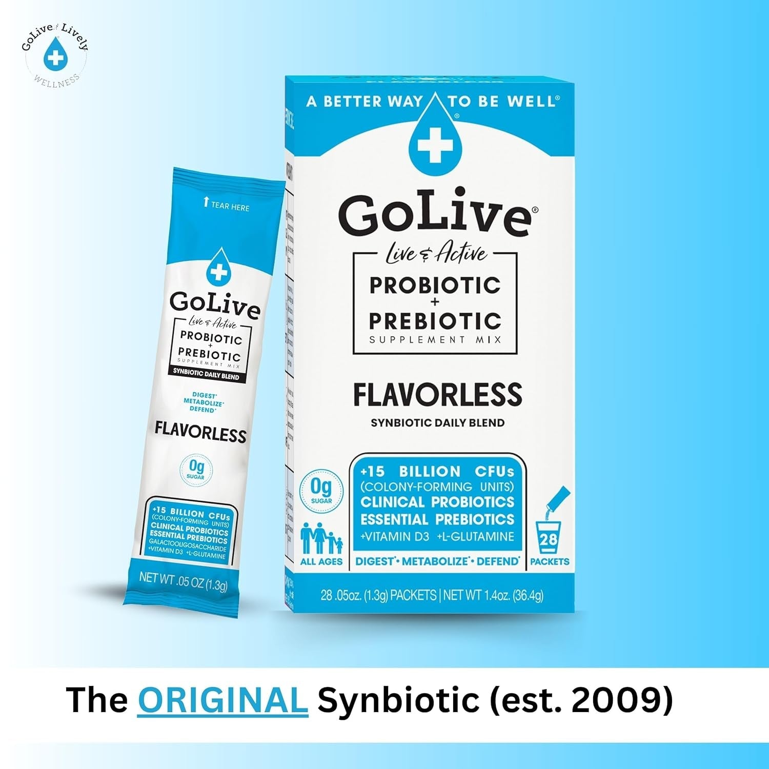 Golive Prebiotic & Probiotic for Women, Men, Kids. Flavor-Free, Sugar-Free, Synbiotic Powder W/ GOS, L-Glutamine, Vitamin D3, Electrolytes. for Gut Health, Digestion, Metabolism, Immunity 15-50B Cfus.