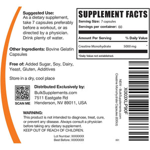 Bulksupplements.Com Creatine Monohydrate Capsules - Micronized Creatine Pills - Gluten Free, 7 Capsules per Serving (5000Mg), 420 Count (Pack of 1)