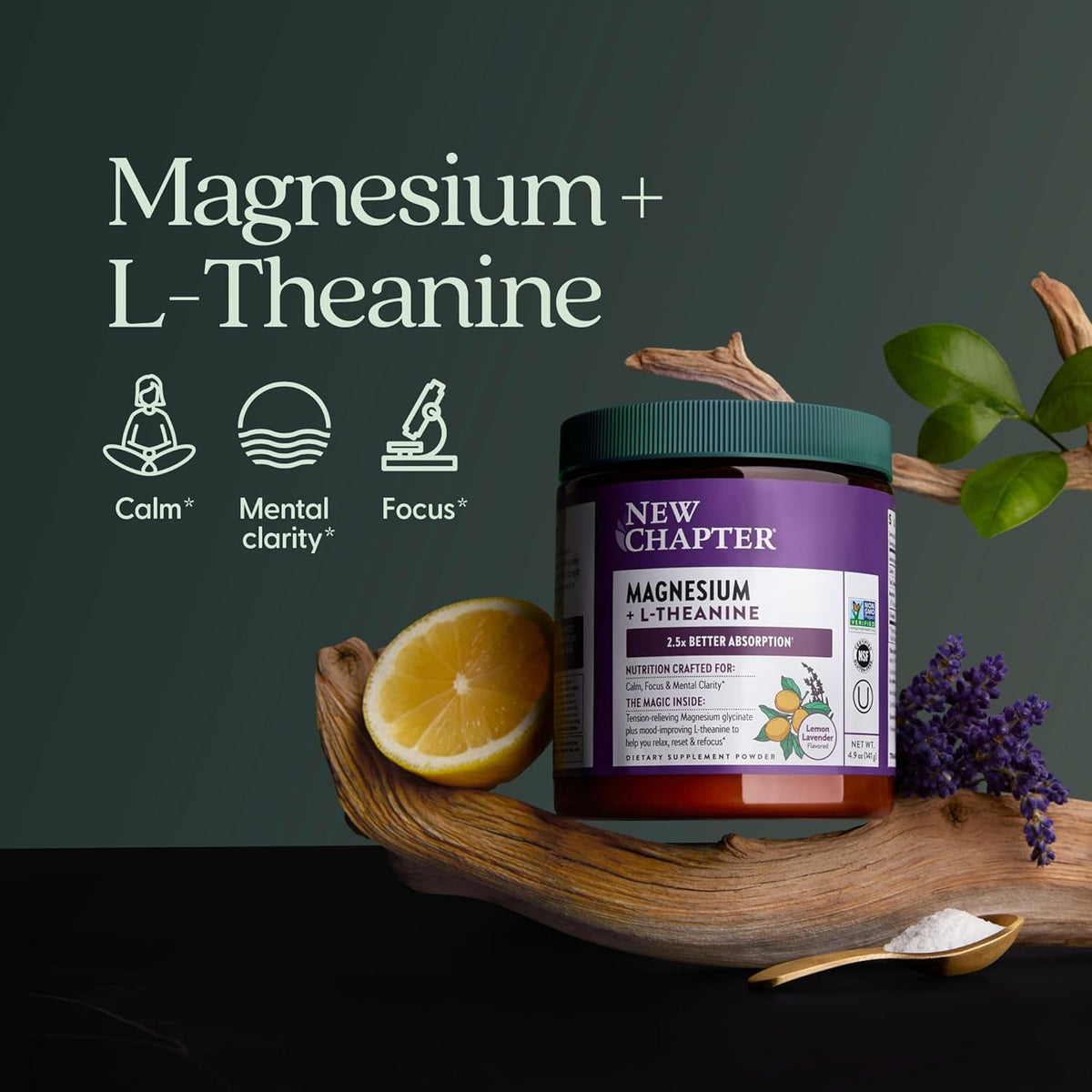 New Chapter Magnesium Glycinate + L-Theanine Supplement Powder, with 325 Mg Magnesium & L-Theanine 200 Mg for Calm, Focus, Mental Clarity, Muscle Relaxation & Cortisol Balance*, 30 Servings