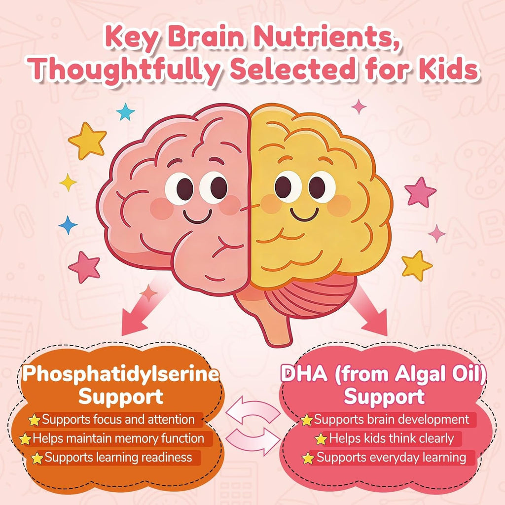 Focus Gummies for Kids, Brain Supplements with Phosphatidylserine, Omega-3 & Saffron, for Kids Memory, Focus & Attention Support, Sugar Free, Vegan, Strawberry Flavor, 60 Chewable