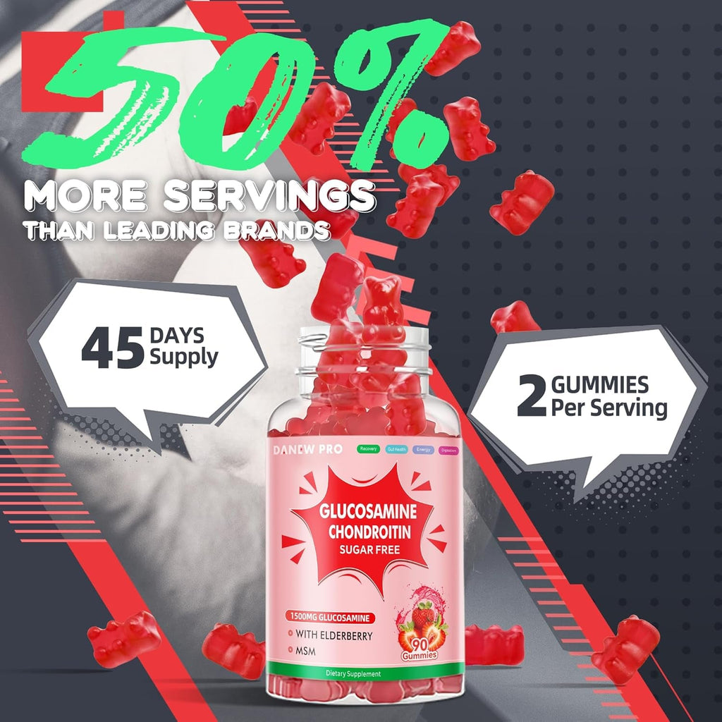 DANEW Pro Glucosamine Chondroitin Gummies with MSM & Elderberry Extra Strength - Joint Support, Antioxidant Immune Support Supplement for Adults, Men & Women.90 Strawberry Gummies