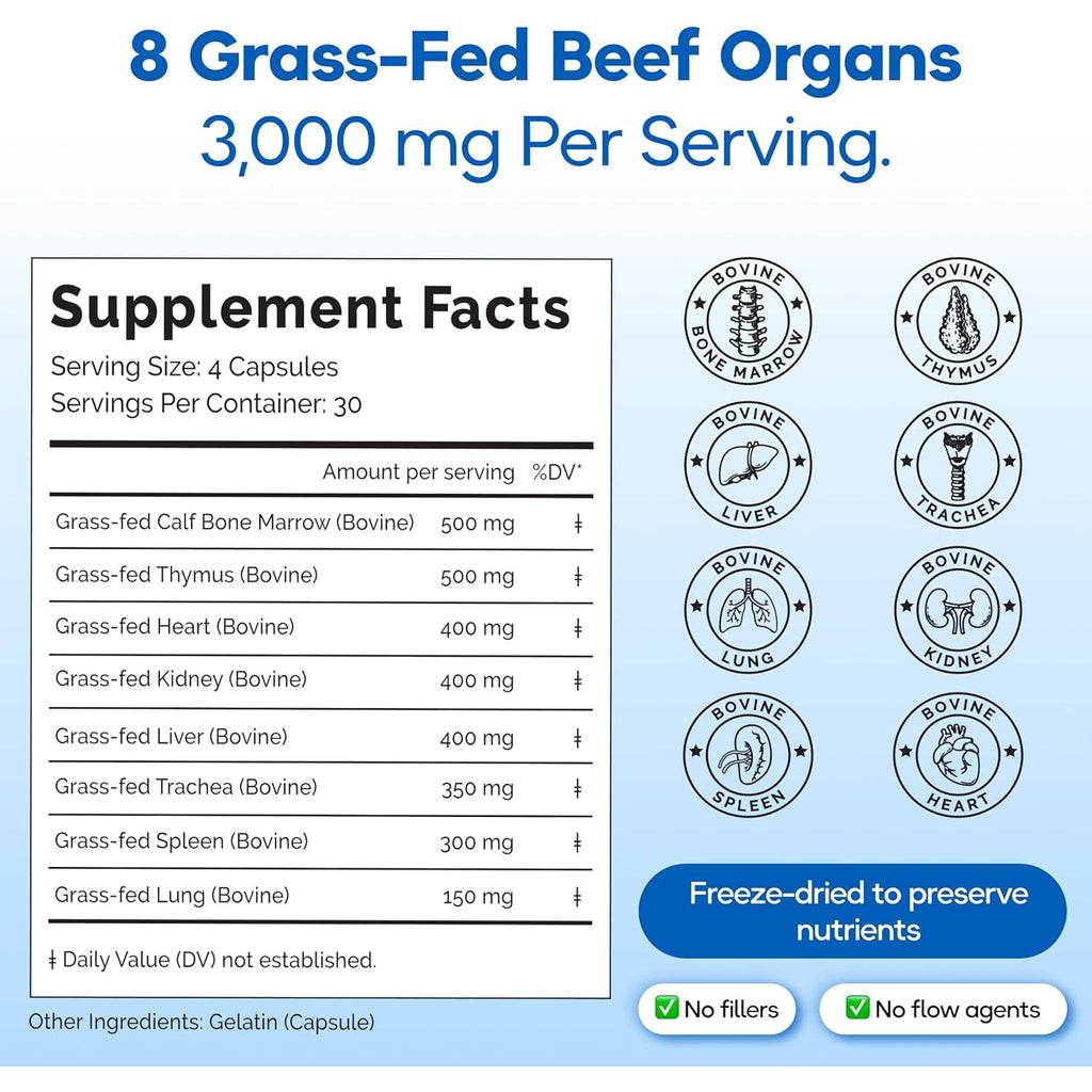 Grass Fed Beef Organ Supplement 3000Mg (8 Organs) - Bone Marrow, Thymus, Liver, Heart, Kidney, Trachea, Spleen, Lung - Freeze-Dried - 120 Capsules (30 Servings)