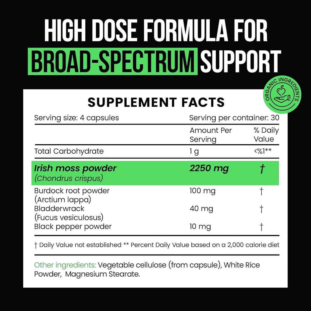 Vitaraw Organic Irish Sea Moss Capsules 2400 Mg - Burdock Root and Bladderwrack Powder Real Seamoss Pills for Immune Support, Joint and Gut Health Help - Raw Sea Moss Advanced Herbal Supplement