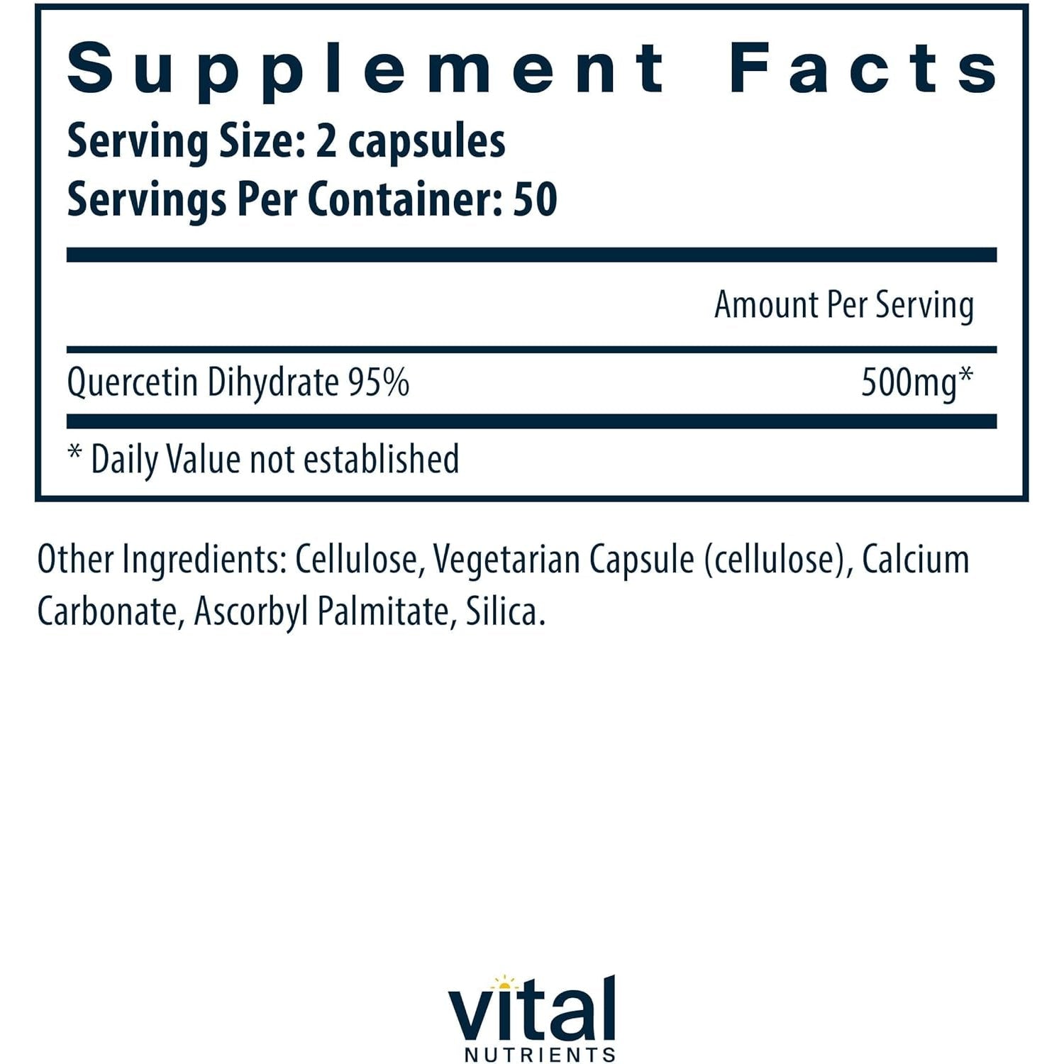 Vital Nutrients Quercetin - Vegan Quercetin Supplement with Bioflavonoids for Sinus, Respiratory, Heart, & Immune Function Support - Gluten, Dairy, Soy Free - 500Mg - 100 Capsules