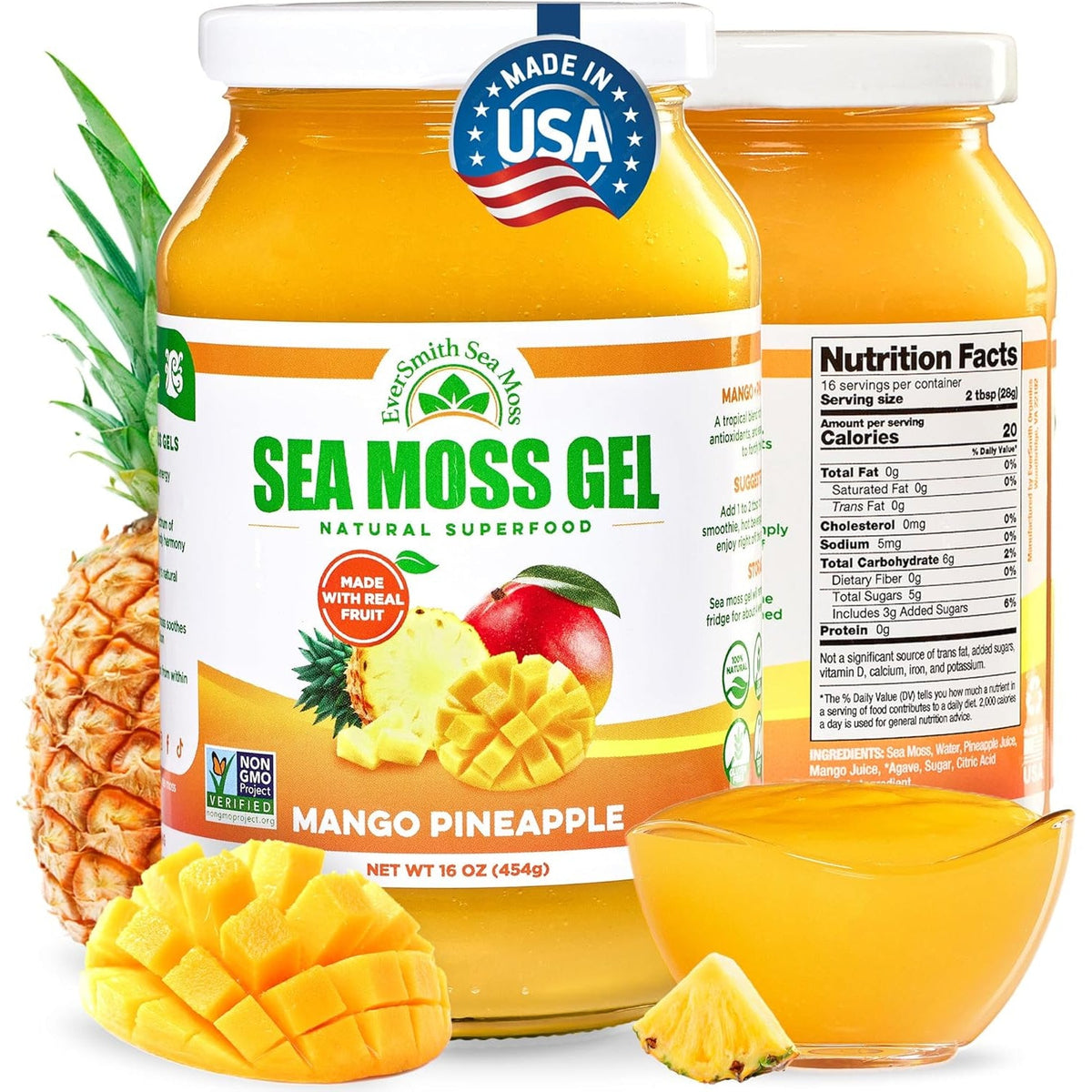 Eversmith Organics - Wildcrafted Irish Sea Moss Gel | Made in USA | Rich in Vitamins & Minerals | Sea Moss Gel Raw | Nutritional Supplement | Mango Pineapple (1 Jar)