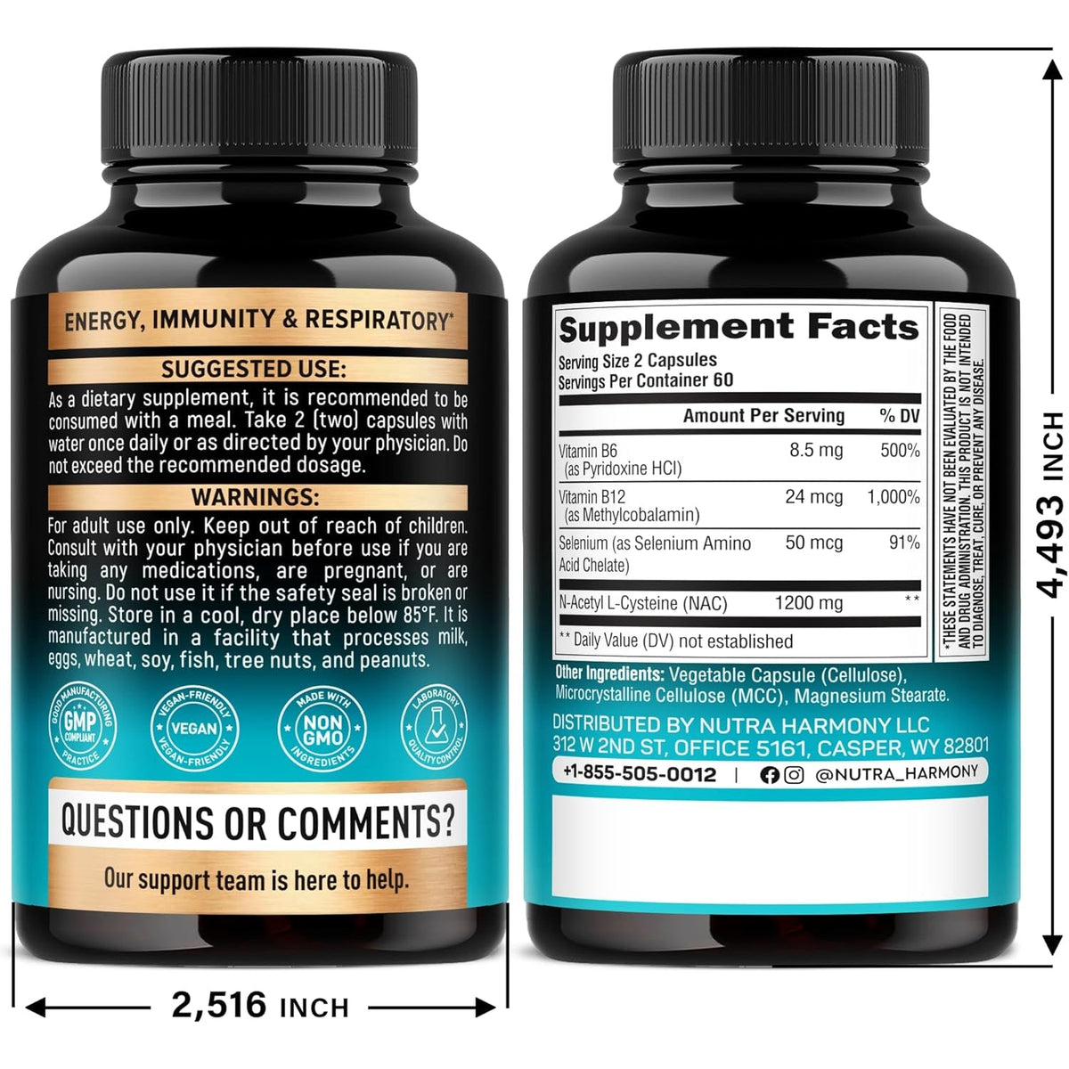 NAC Supplement | Selenium | B6 | B12 - Antioxidant, Immune Support - N Acetyl Cysteine 600 Mg per Capsule, 1200 Mg per Serving - Lab Tested - Non-Gmo, Gluten-Free, Vegan - 120 Caps, 2 Month Supply