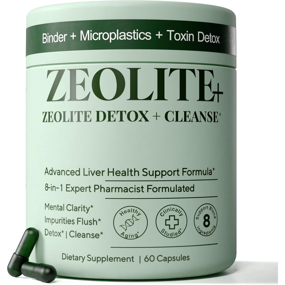 Zeolite Binder Detox – 8-In-1 Clinoptilolite Microplastics & Full Body Detox Cleanse with Activated Charcoal, NAC & Milk Thistle – Liver Cleanse & Repair, Gut Health for Adults – 60 Capsules