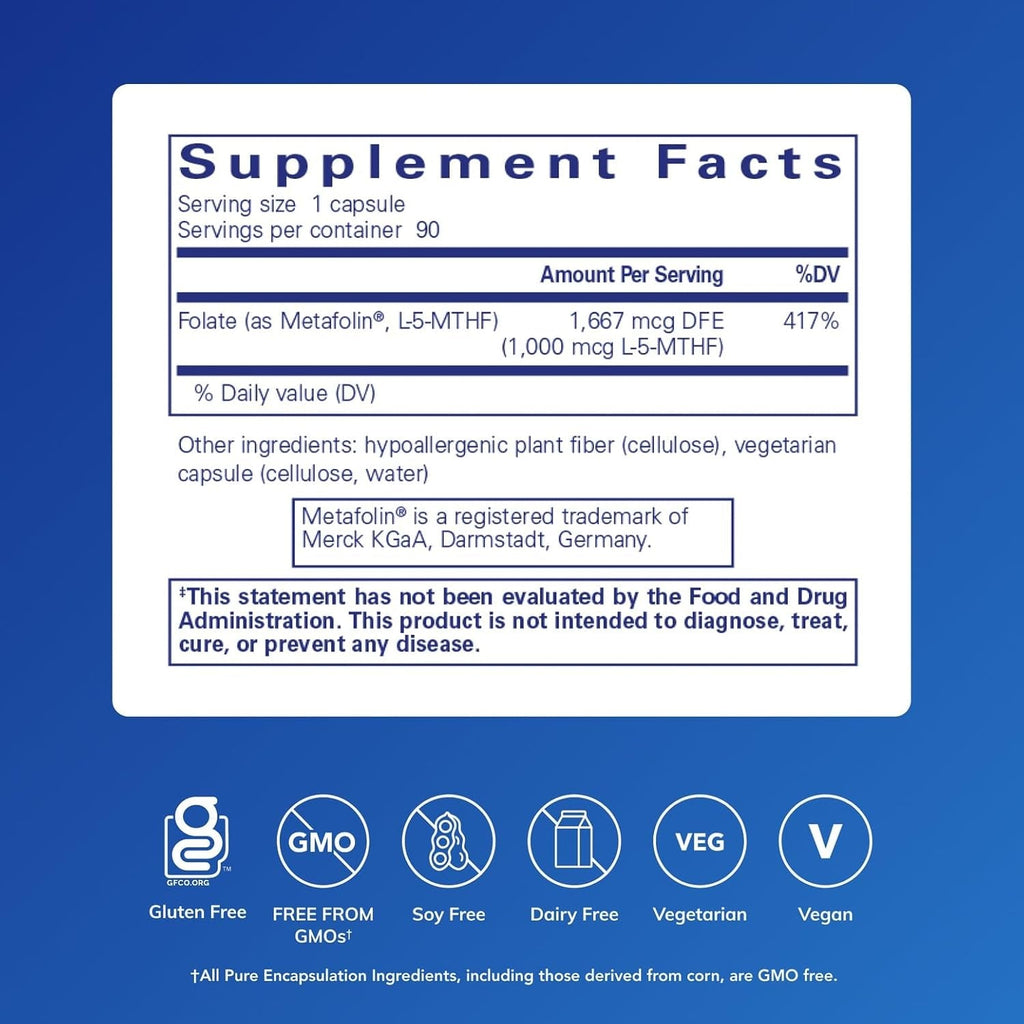 Pure Encapsulations Folate 1000 - Metafolin L-5-MTHF - Heart Health Supplement* - Folate Supplement - Non-Gmo & Gluten Free - 90 Capsules