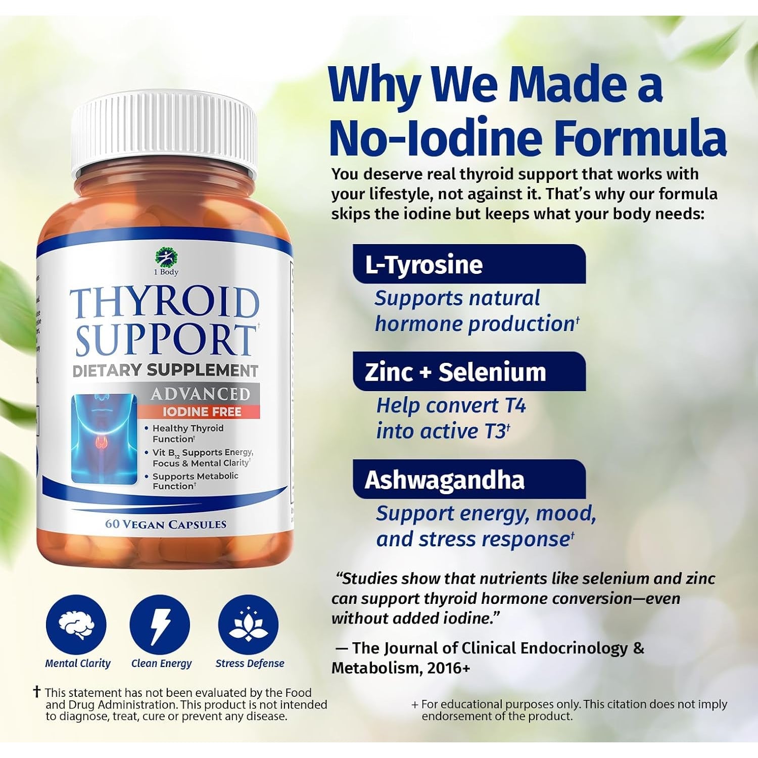 1 Body Thyroid Support Supplement for Women – Iodine Free Formula with Selenium, Zinc & Ashwagandha – Supports Energy, Metabolism & Hormone Balance – 60 Vegan Capsules
