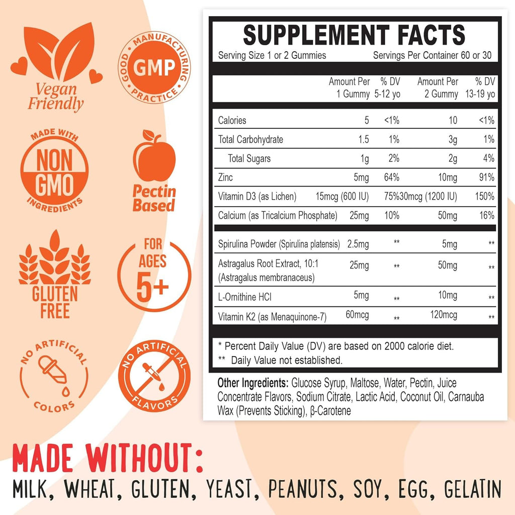 OH MY CHEWY Height Growth Vitamin Gummies for Kids & Teens - Growing up and Bones Support for Supplement with Calcium, Zinc, Vitamin D3, K2, Spirulina and Astragalus – Peach & Mango 60 CT
