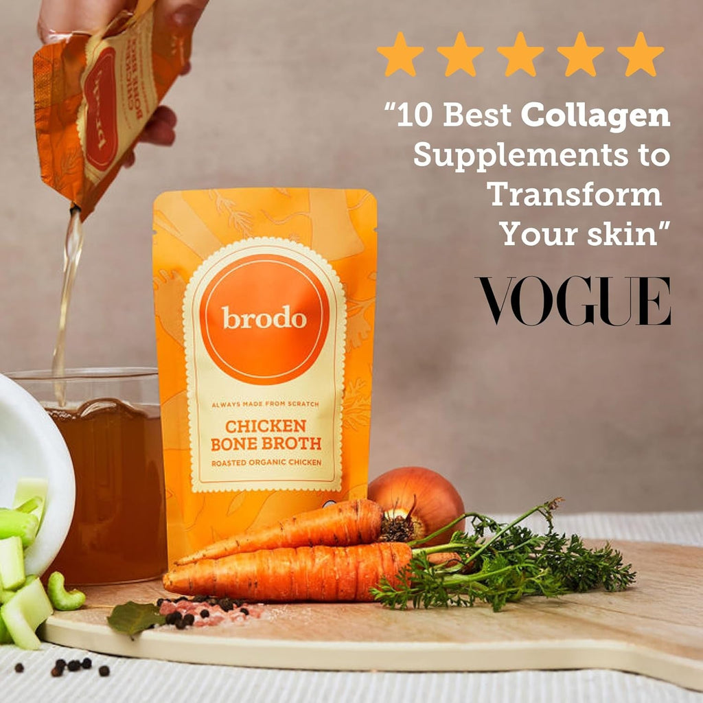 Brodo Deeply Rooted Organic Chicken Broth with Turmeric & Ginger, Nutrient-Rich Chicken Bone Broth Organic, High in Protein and Collagen for Wellness and Cooking, (6X 8.3 Oz. Pouches)