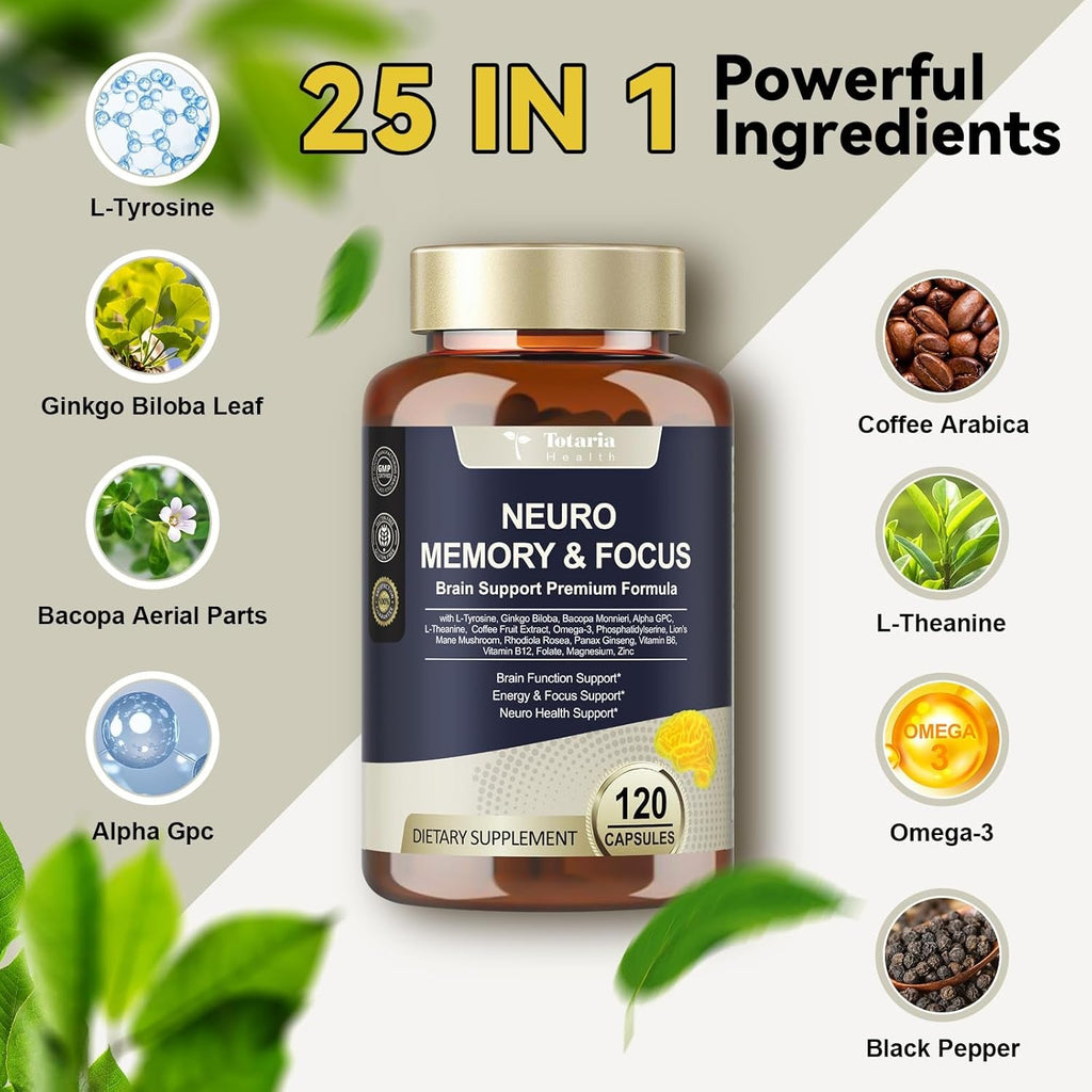 25 in 1 Brain Supplements for Memory and Focus & Neuro Health - Daily Brain Nootropic Cognitive Supplement with L-Tyrosine, Bacopa Monnieri, Ginkgo Biloba, Alpha GPC - Non-Gmo, Gluten Free
