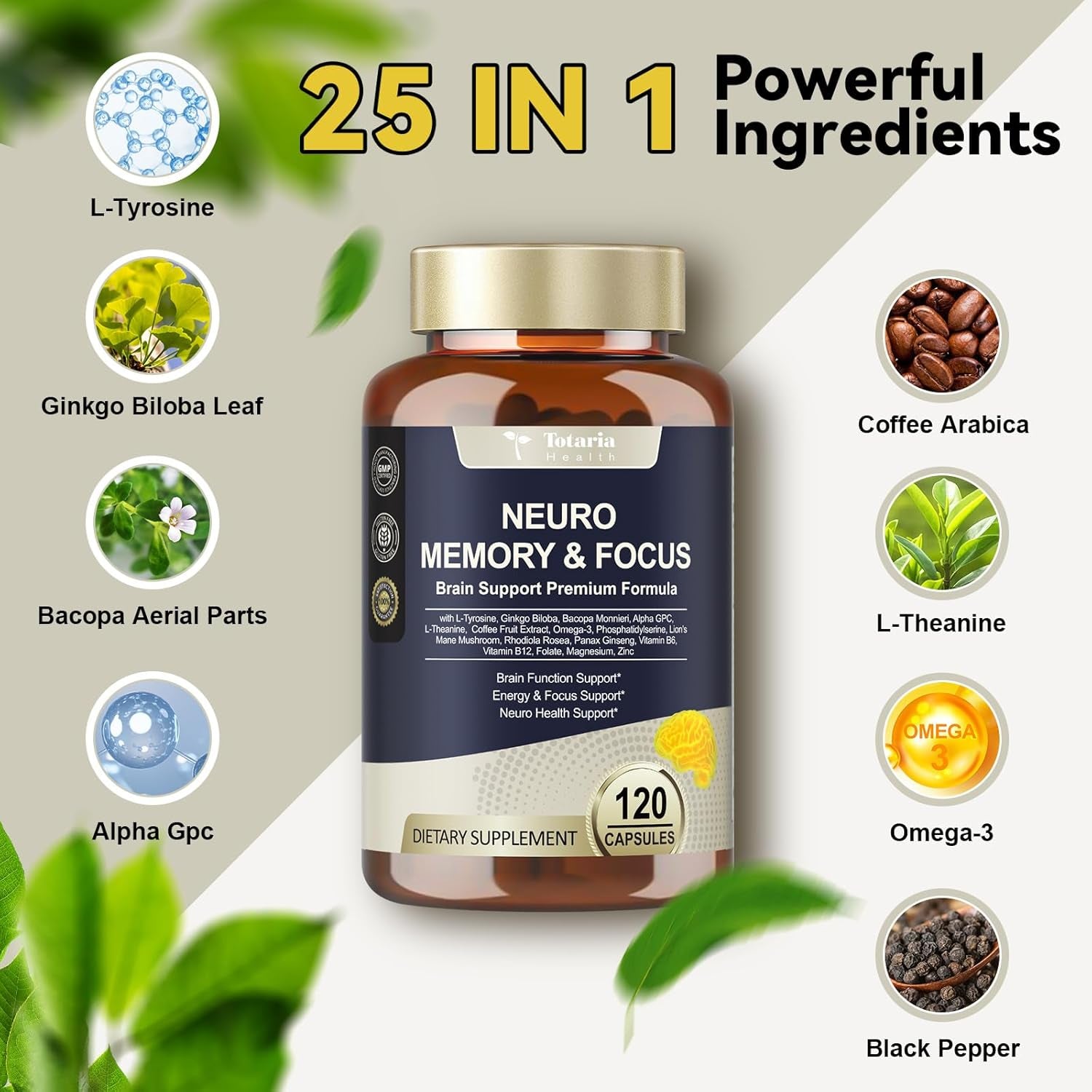 25 in 1 Brain Supplements for Memory and Focus & Neuro Health - Daily Brain Nootropic Cognitive Supplement with L-Tyrosine, Bacopa Monnieri, Ginkgo Biloba, Alpha GPC - Non-Gmo, Gluten Free