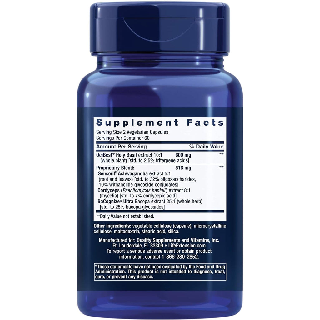 Life Extension Adrenal Energy Formula, Helps Inhibit the Effects of Stress, Holy Basil, Cordyceps, Bacopa and Ashwagandha, Gluten Free, Non-Gmo, Vegetarian, 120 Capsules