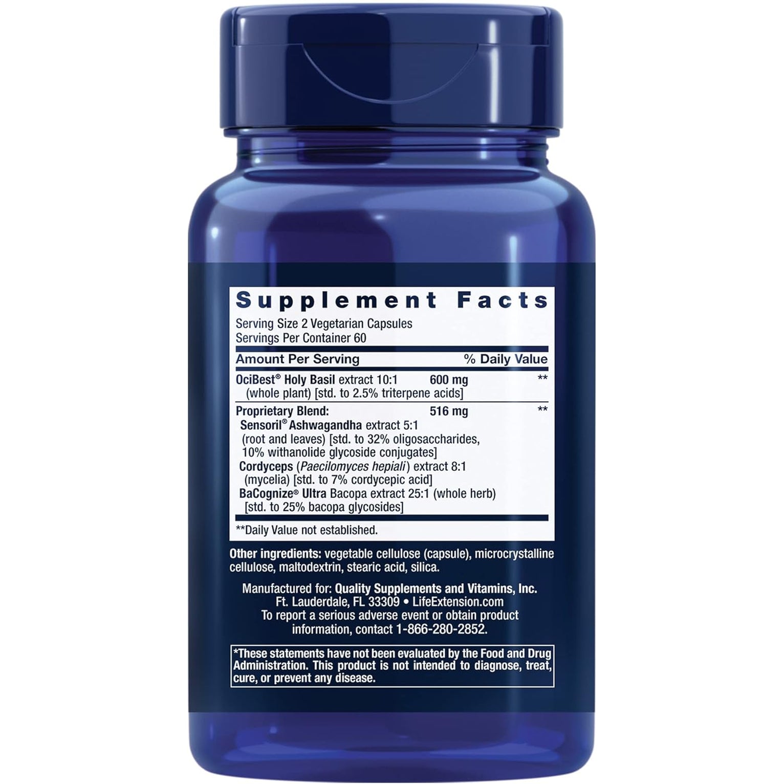 Life Extension Adrenal Energy Formula, Helps Inhibit the Effects of Stress, Holy Basil, Cordyceps, Bacopa and Ashwagandha, Gluten Free, Non-Gmo, Vegetarian, 120 Capsules