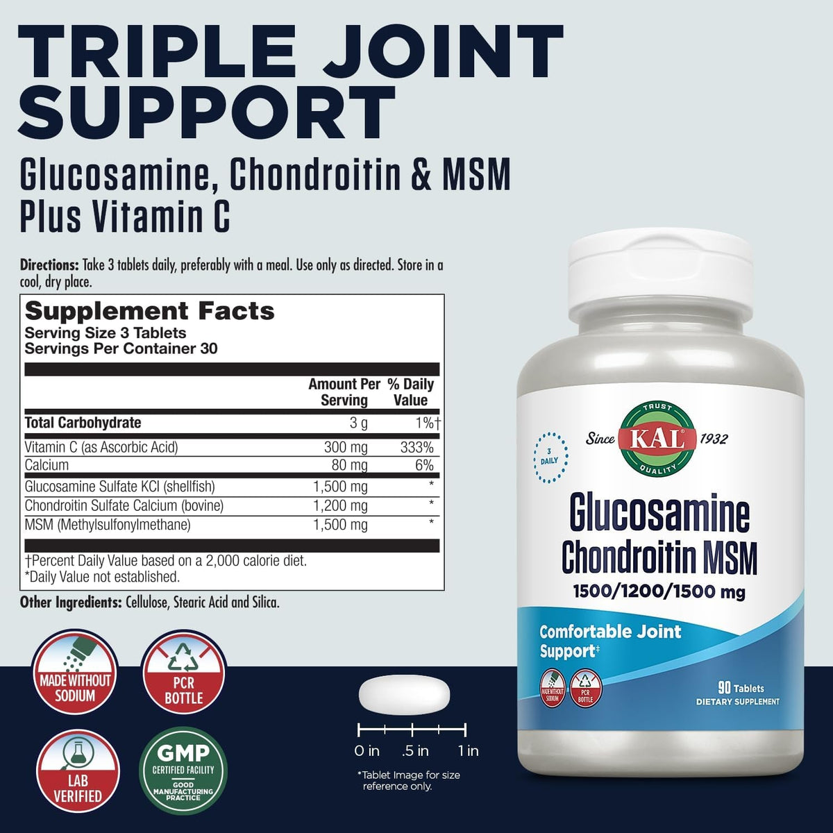 KAL Glucosamine Chondroitin MSM, Joint Support Supplement for Women and Men, 1500Mg Glucosamine Sulfate, 1200Mg Chondroitin, 1500Mg MSM, Rapid Disintegration, 60-Day Guarantee, 30 Servings, 90 Tablets