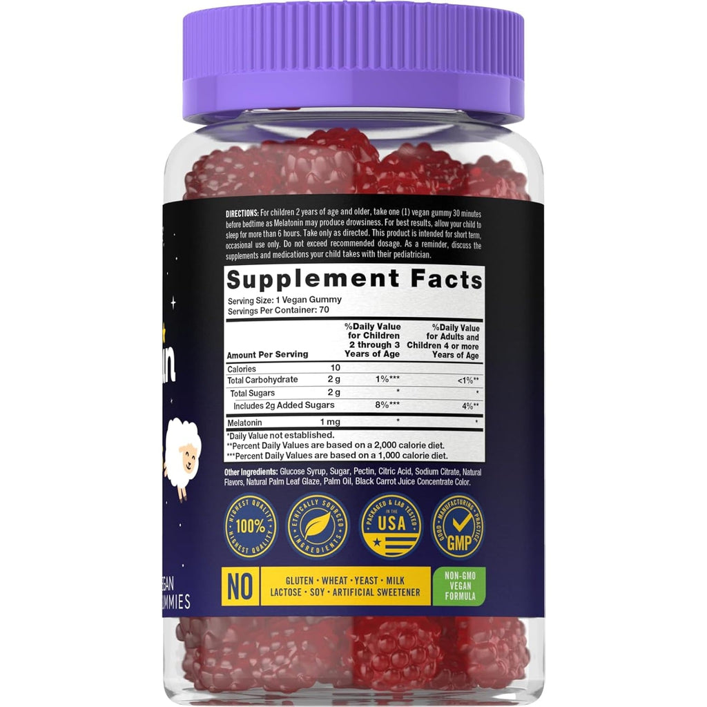 Carlyle Kids Melatonin Gummies | 1 Mg 70 Count | Fruit Flavor Gummy | Vegan, Non-Gmo, Gluten Free