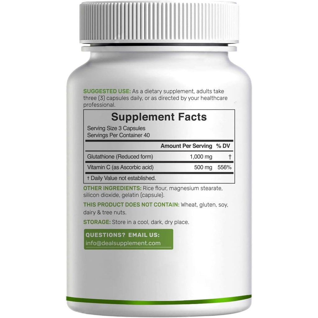 Glutathione Supplement 1,000Mg per Serving, 98% Purity | plus Vitamin C 500Mg, Active Reduced Form (GSH) | Intracellular Antioxidant – Supports Detoxification & Immune Health
