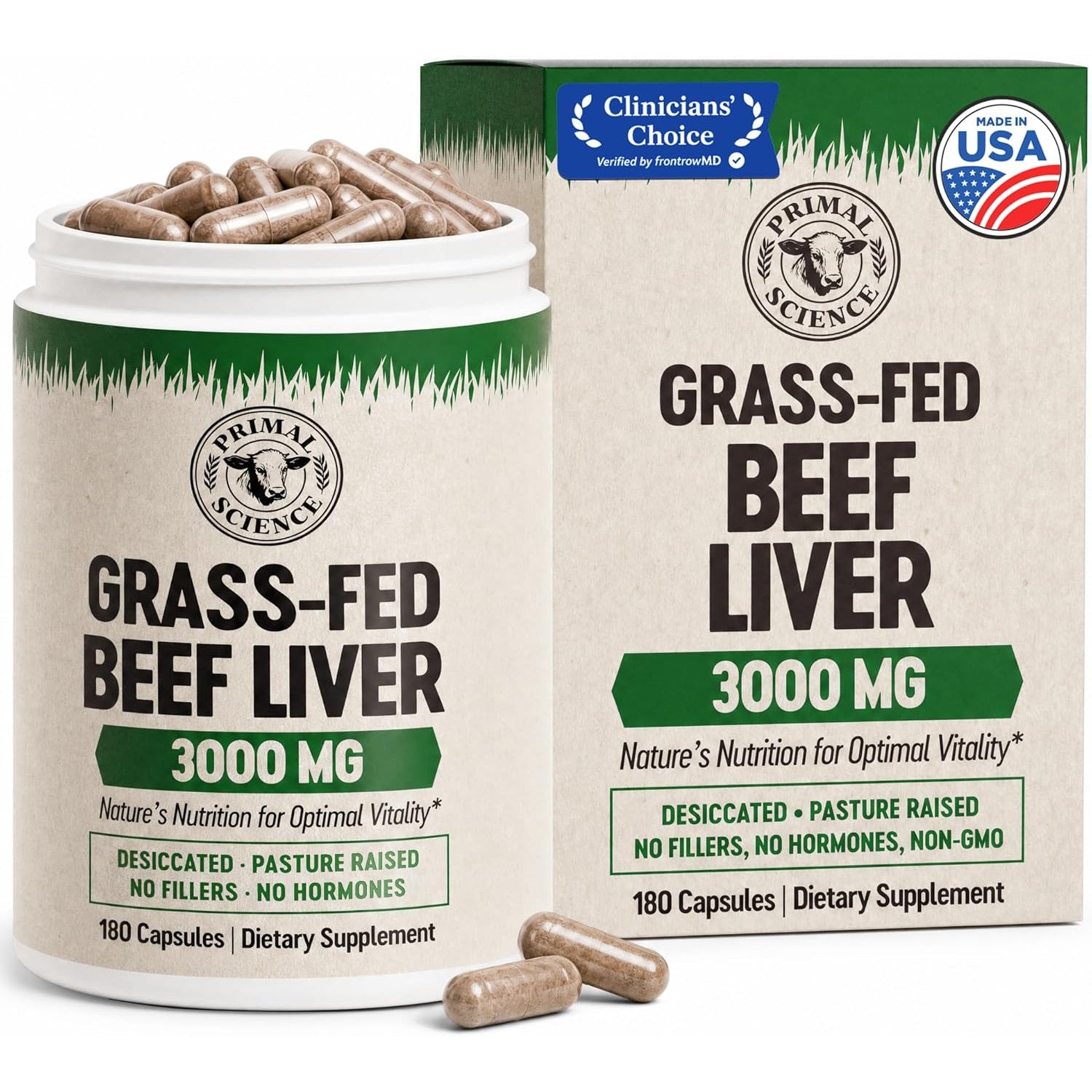 Grass Fed Beef Liver Capsules 3000Mg Desiccated Liver Supplement 100% Pasture Raised & Freeze Dried Natural Iron, Vitamin a & B12 for Energy Non-Gmo, No Fillers 180 Count