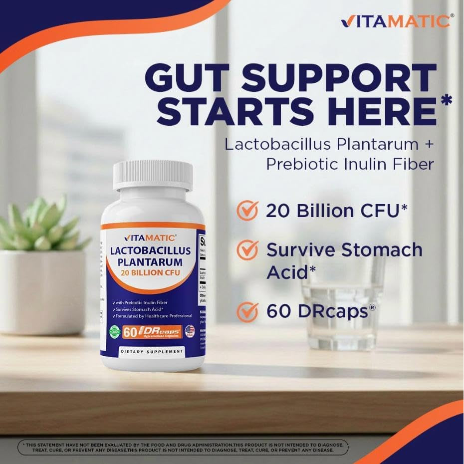Vitamatic Lactobacillus Plantarum - 20 Billion per DR Capsule - 60 Count - Digestive Support - Made with Prebiotic Inulin Fiber