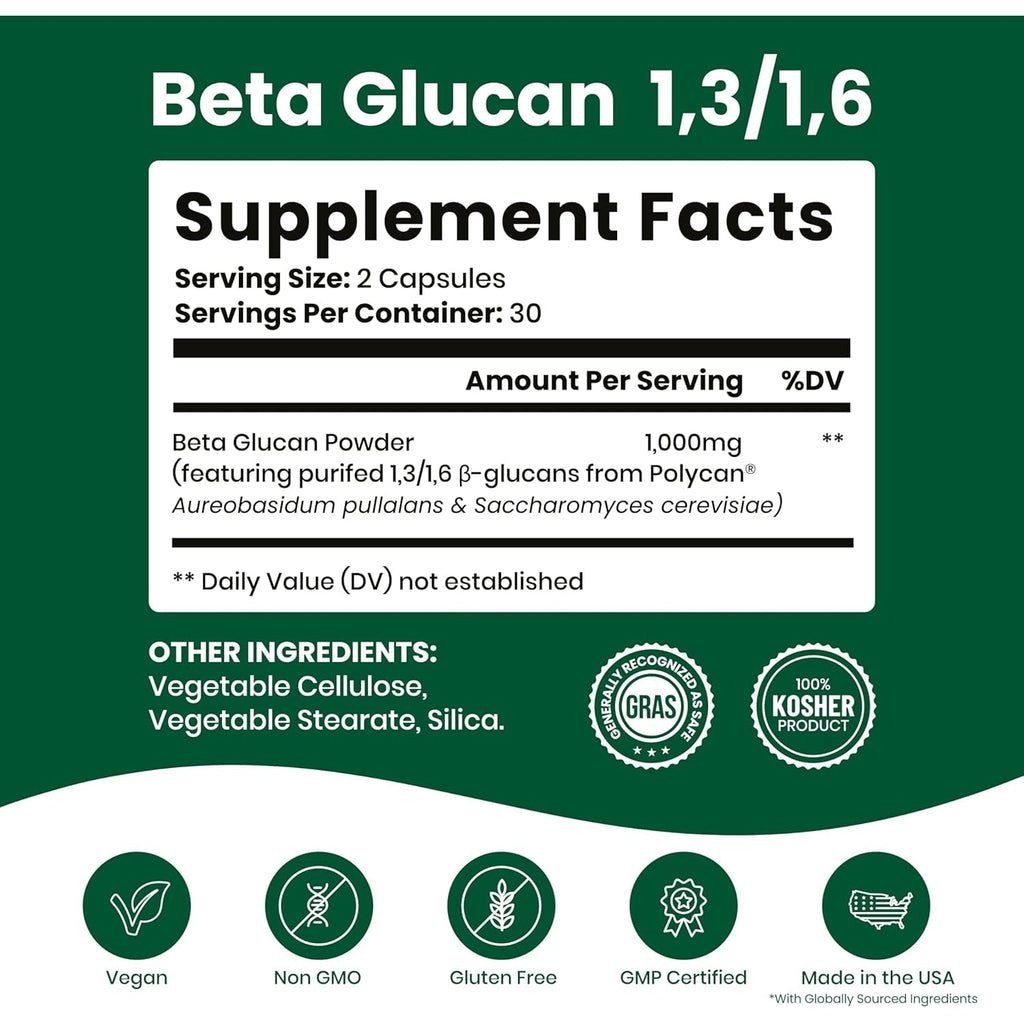 Nutriana Beta Glucan Supplements 1000Mg – 1,3/1,6D Beta Glucan Capsules for Immune Support – Natural Beta Glucans Fiber Supplement – 60 Veggie Capsules (60 Count, Unflavored)