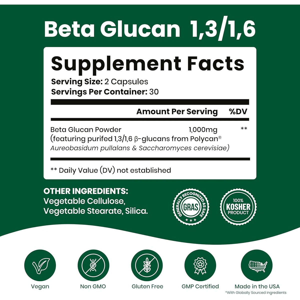 Nutriana Beta Glucan Supplements 1000Mg – 1,3/1,6D Beta Glucan Capsules for Immune Support – Natural Beta Glucans Fiber Supplement – 60 Veggie Capsules (60 Count, Unflavored)