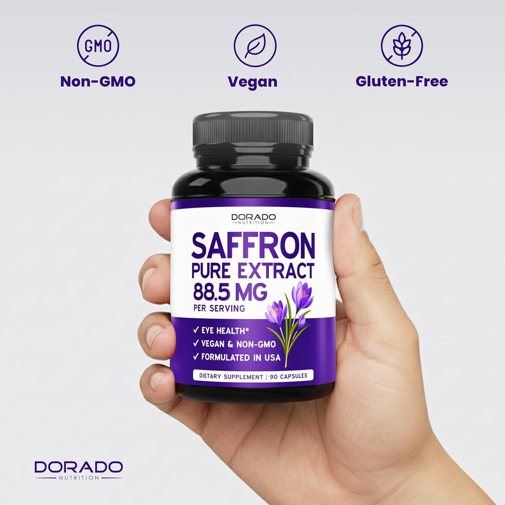 Saffron Supplements for Mood, Energy & Vision Support (3 Month Supply) Pure Saffron Extract 88.5Mg per Serving - Vegan Safe, Gluten Free, Third Party Tested & Non GMO - USA Made (90 Veggie Capsules)