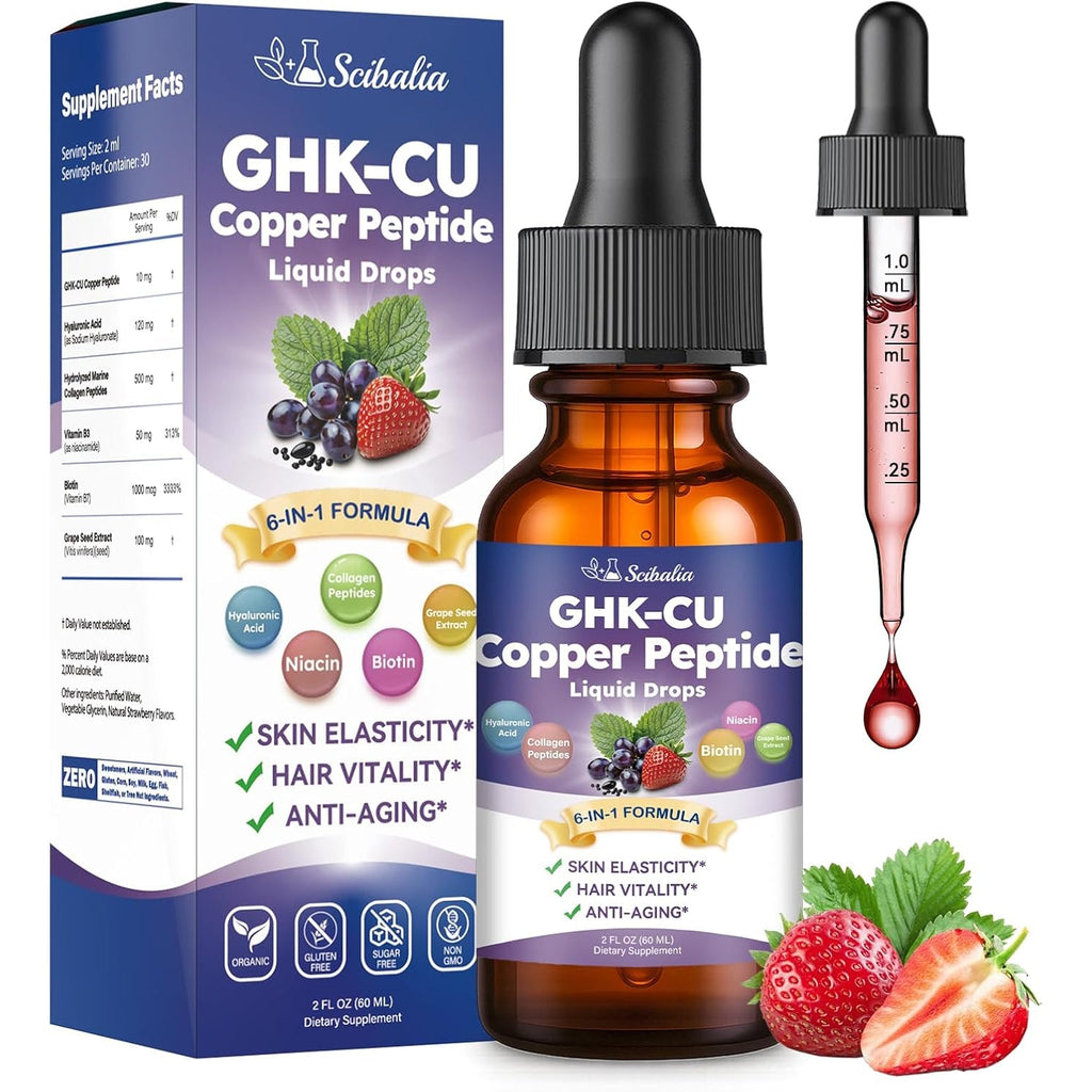 GHK-CU Peptide Supplement Liquid Drops, Premium 6-In-1 GHK CU Copper Peptides W. Marine Collagen Hyaluronic Acid Biotin for Anti-Aging, Skin Hair Growth Support, Oral Drops丨Women Men