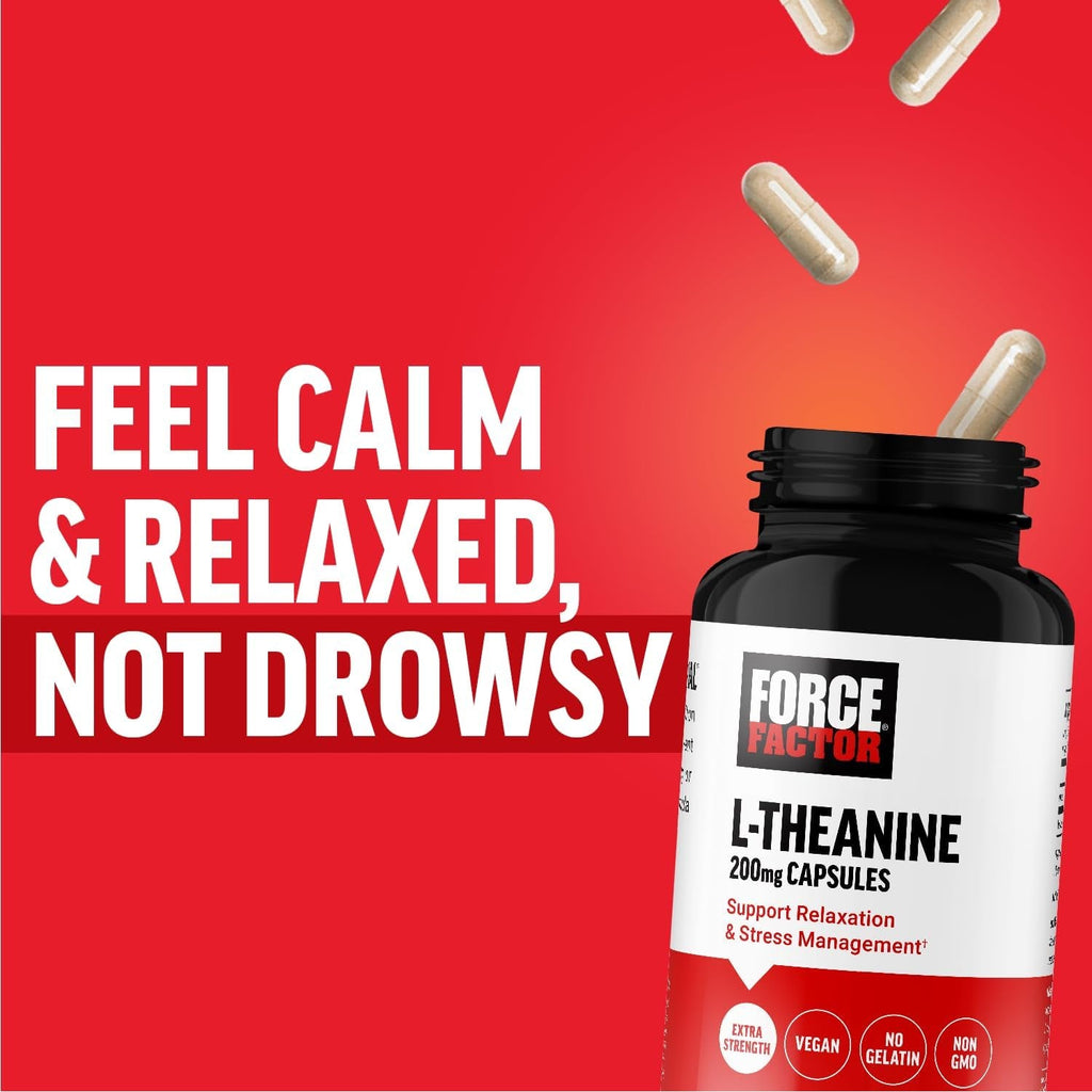 Force Factor L Theanine 200Mg, Extra Strength L-Theanine Supplement for Stress Relief, and Supporting Calm and Relaxation, Vegan, Non-Gmo, No Gelatin, 60 Vegetable Capsules