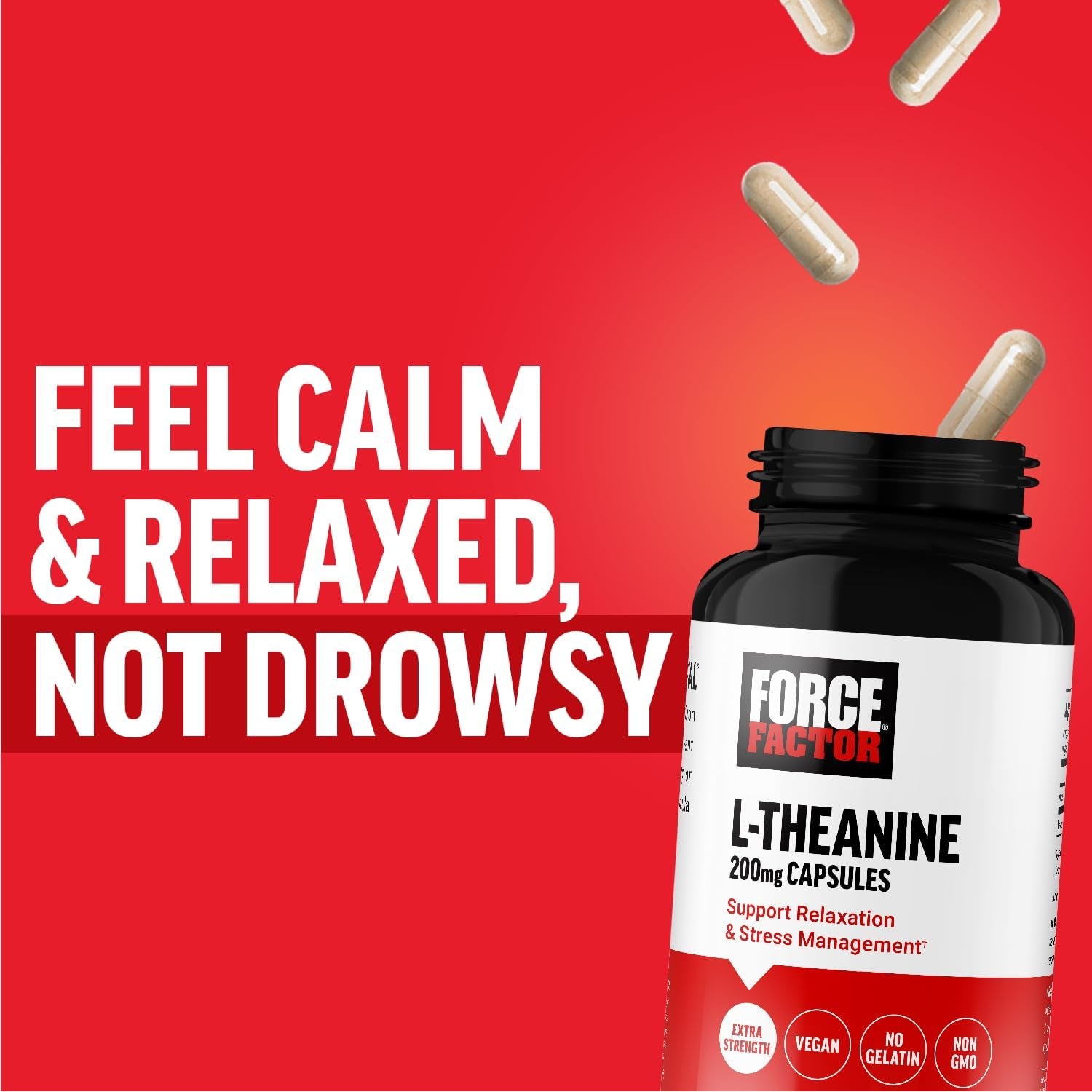Force Factor L Theanine 200Mg, Extra Strength L-Theanine Supplement for Stress Relief, and Supporting Calm and Relaxation, Vegan, Non-Gmo, No Gelatin, 60 Vegetable Capsules