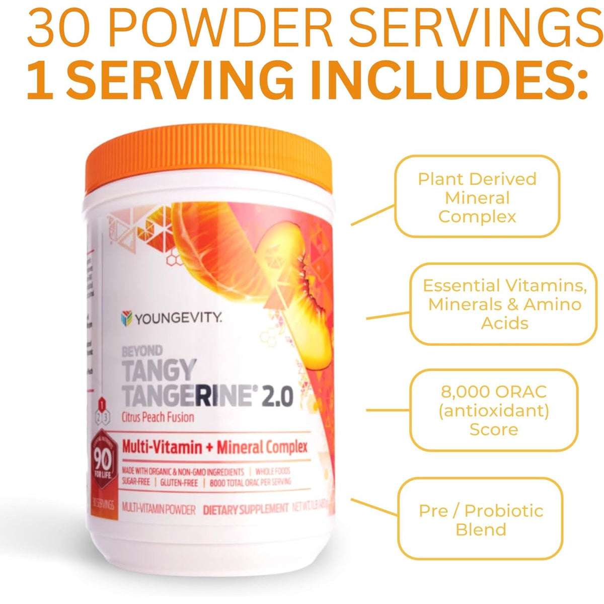 Youngevity beyond Tangy Tangerine 2.0 Citrus Peach Fusion Multi-Vitamin & Mineral Complex - Made with Natural & Whole Foods | 8,000 ORAC