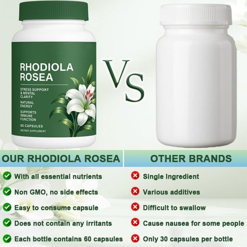 Floraviva Rhodiola Rosea Capsules | 500Mg Rhodiola Rosea Extract Supplement for Stress Support, Mental Focus & Energy, Immune Function, Non-Gmo, 60 Capsules