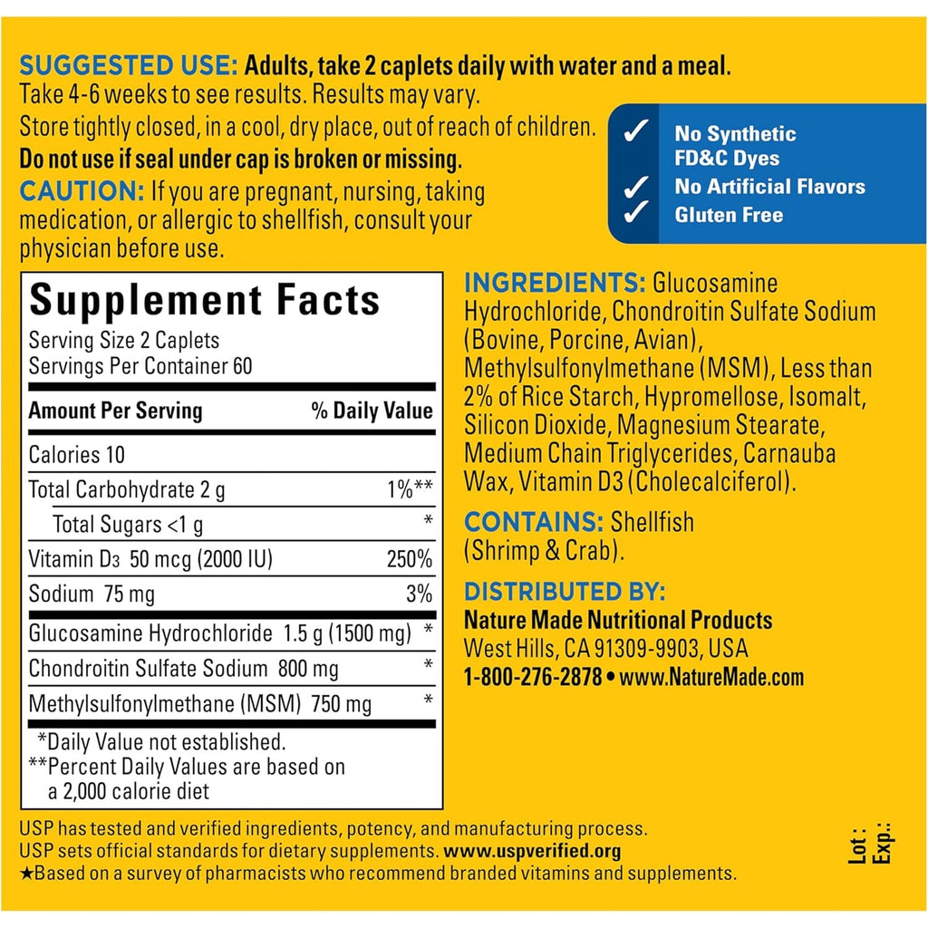 Nature Made Glucosamine Chondroitin Complex with MSM, Dietary MSM Glucosamine Chondroitin Supplement for Joint Support, 120 Caplets, 60 Day Supply
