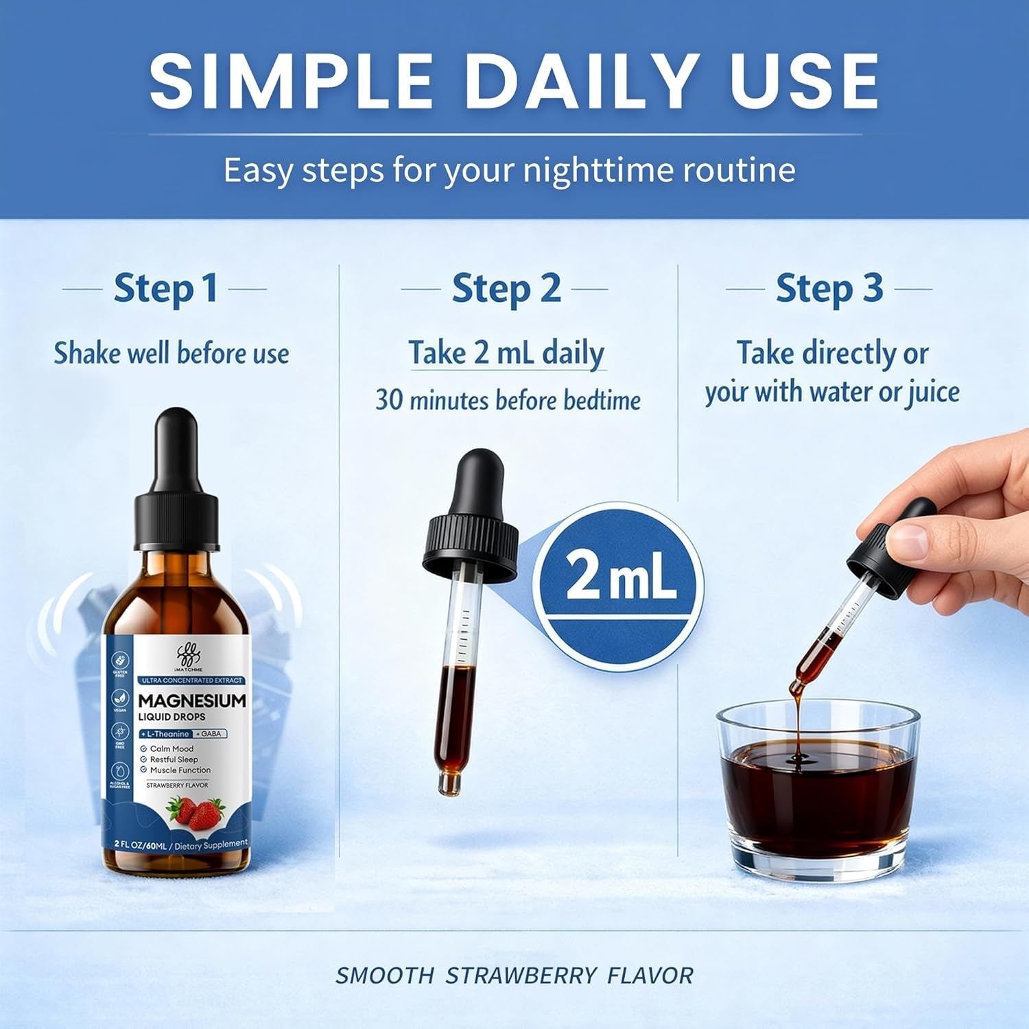 Liquid Magnesium Glycinate Drops for Sleep Support & Nighttime Calm,Magnesium Drops with Chamomile, Ashwagandha, L-Theanine & GABA for Relaxation Support, Gentle Absorption, Strawberry Flavor, 2 Fl Oz