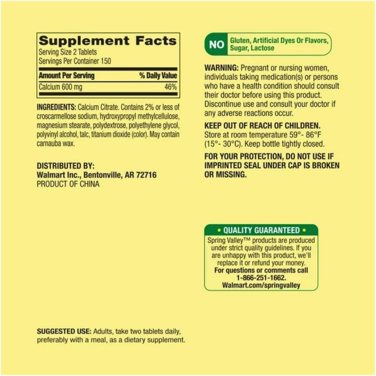 Spring Valley Calcium Citrate 600 Mg, 300 Tablets - Bone & Joint Health + STS Sticker.