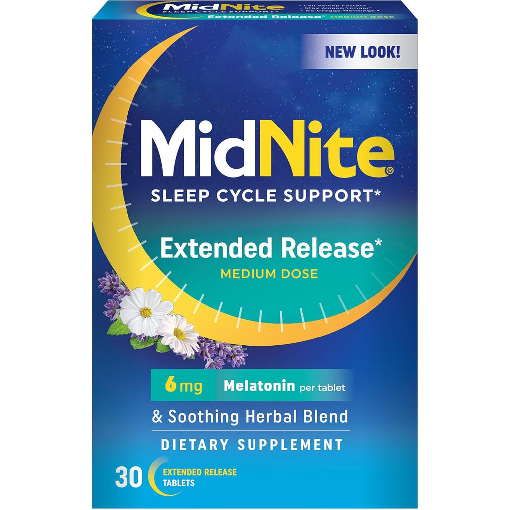 Midnite Extended Release Medium Dose, 6 Mg Melatonin Sleep Aid, Non-Habit Forming, Herbal Dietary Supplement for Adults, Drug-Free, Gluten-Free, Lactose-Free, Vegetarian, Vegan, 30 Tablets
