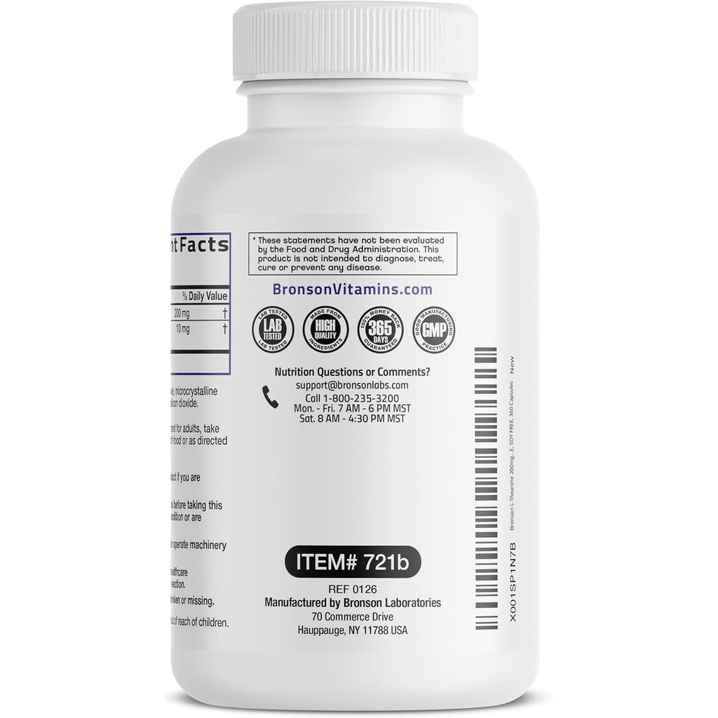 Bronson L-Theanine 200Mg (Double-Strength) with Passion Flower Herb, Non-Gmo Gluten-Free Soy-Free Stress Management Supplement, 360 Capsules