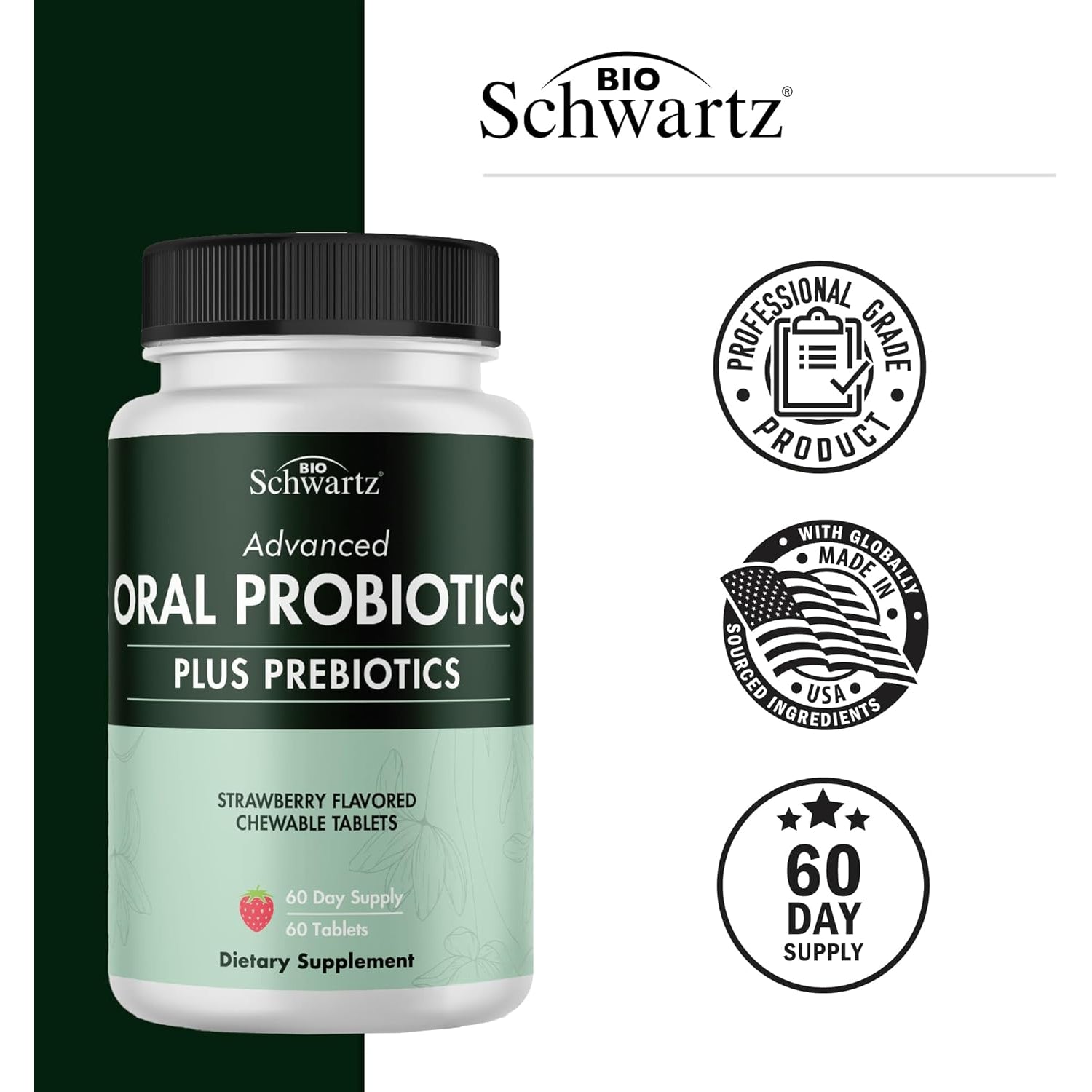 Oral Probiotics Supplement with Prebiotics - Supports Healthy Teeth Gums Mouth and Fresh Odorless Breath for Adults - Strawberry Flavored Chewable Dental Probiotic (60 Tablets, 60 Day Supply)