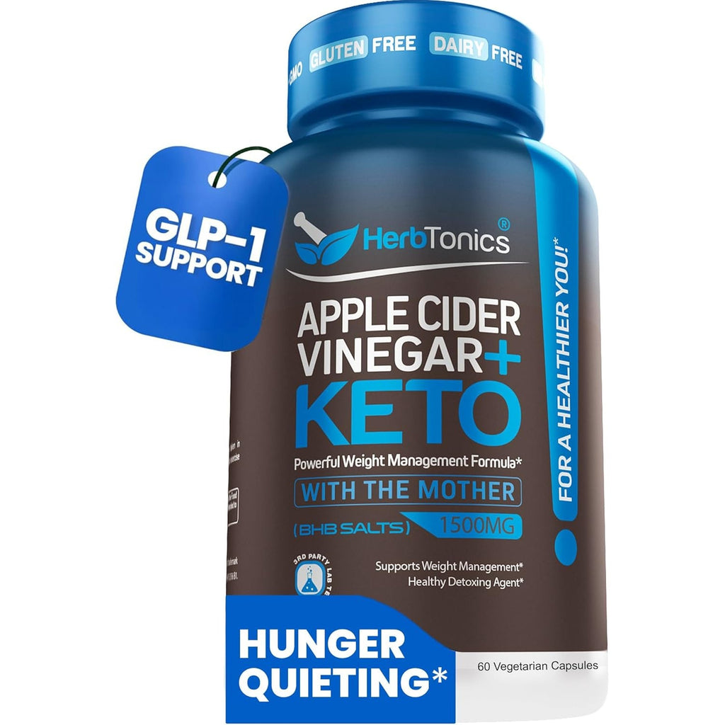 Herbtonics Apple Cider Vinegar + Keto BHB Capsules | GLP-1 Support for Appetite, Cravings & Weight Management | Metabolism Support with Satiety Support | 60 Capsules - 1 Month Supply