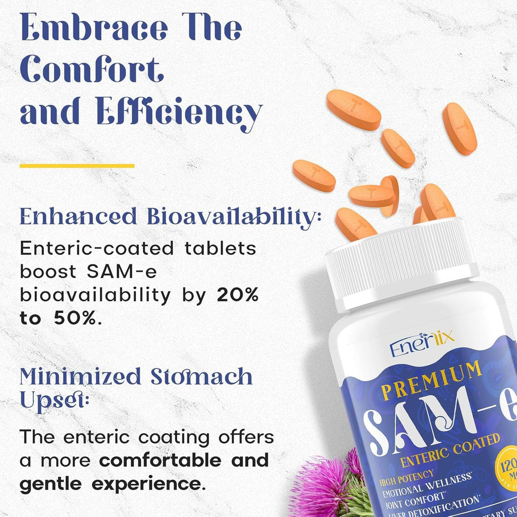 1200 MG SAM E Supplement for Brain, Mood, Joint, and Liver, High Absorption Sam-E (S-Adenosyl-L-Methionine) with Coq10, 5-HTP, Enteric Coated 60 Tablets, Vegan