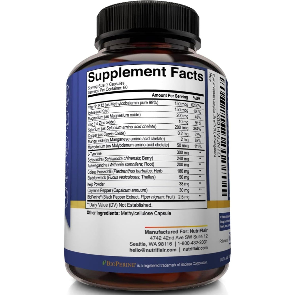 Nutriflair Thyroid Support Complex, 120 Capsules - with Iodine, Black Pepper, Ashwagandha, Vitamin B12 - Thyroid Supplement for Women and Men