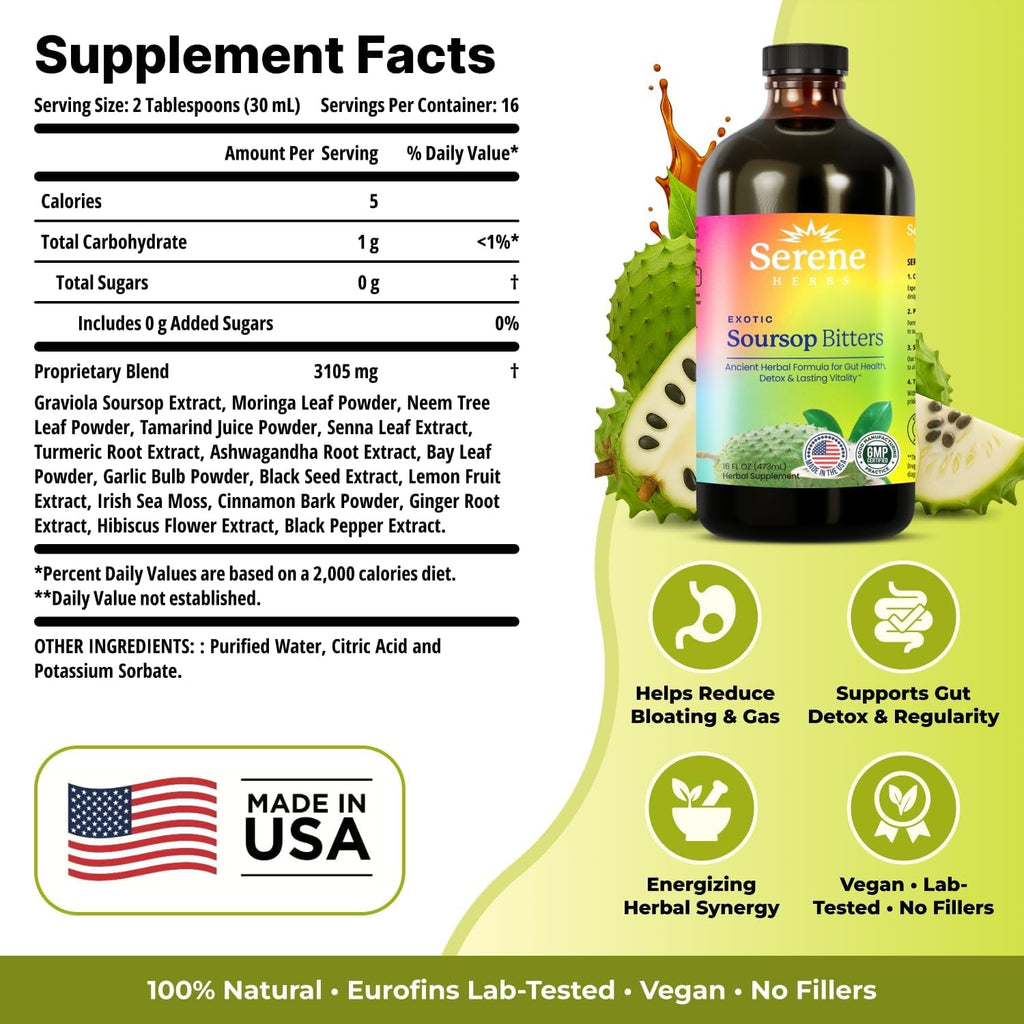 Serene Herbs Soursop Bitters Liquid with Soursop Leaves for Gut Cleanse, Detox & Immune Boost with Black Seed, Moringa, Irish Moss, Ashwaganda, Turmeric, 16 Fl Oz (16 Fl, Soursop)